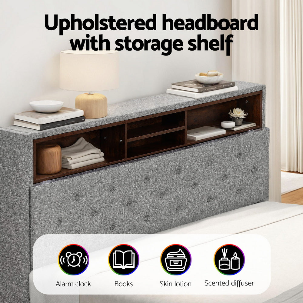 Artiss Bed Frame Double Size LED Mattress Base Platform with Storage Shelf Hidden Storage Box Grey