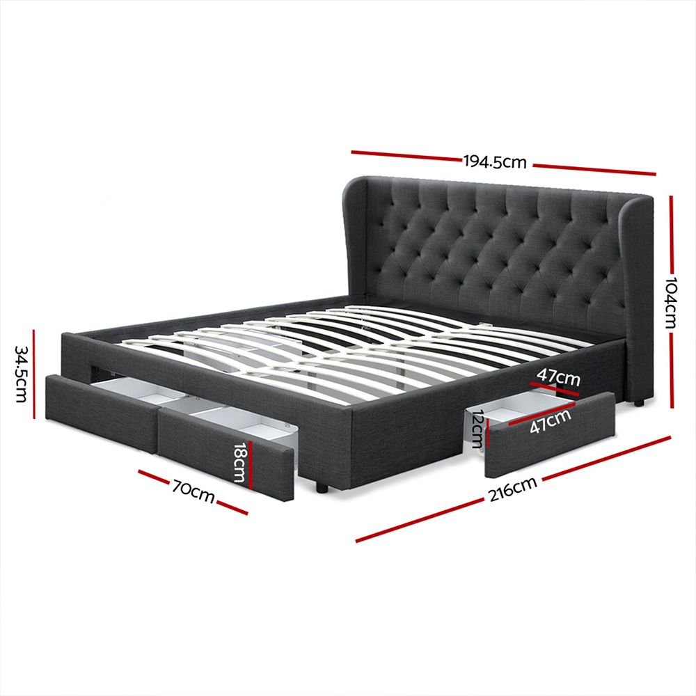 Artiss Bed Frame King Size with 4 Drawers Charcoal MILA Bedworld