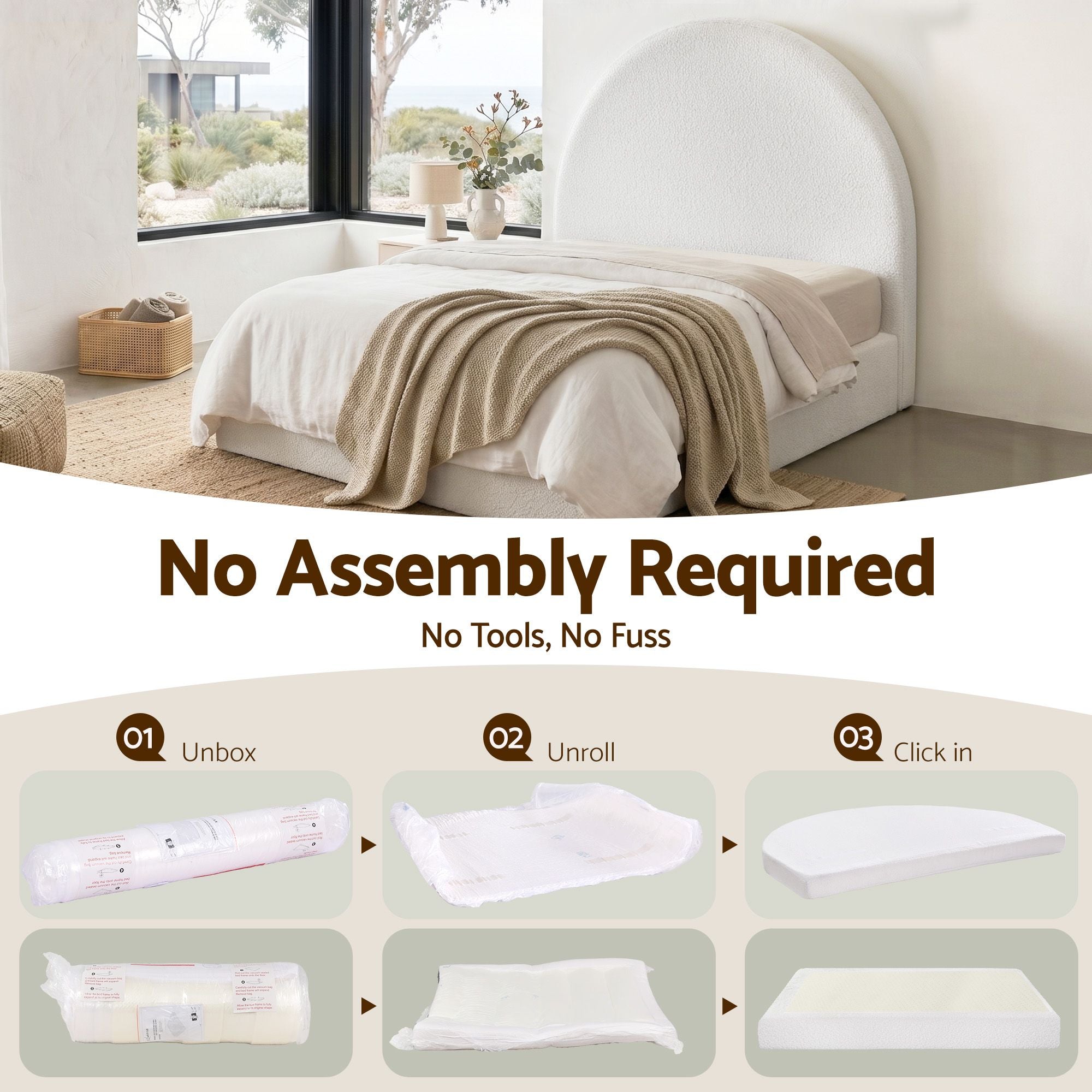 Artiss Queen Bed Frame Boucle Fabric Vacuum Compressed Beds Removable Washable Cover No-Assembly Bedworld