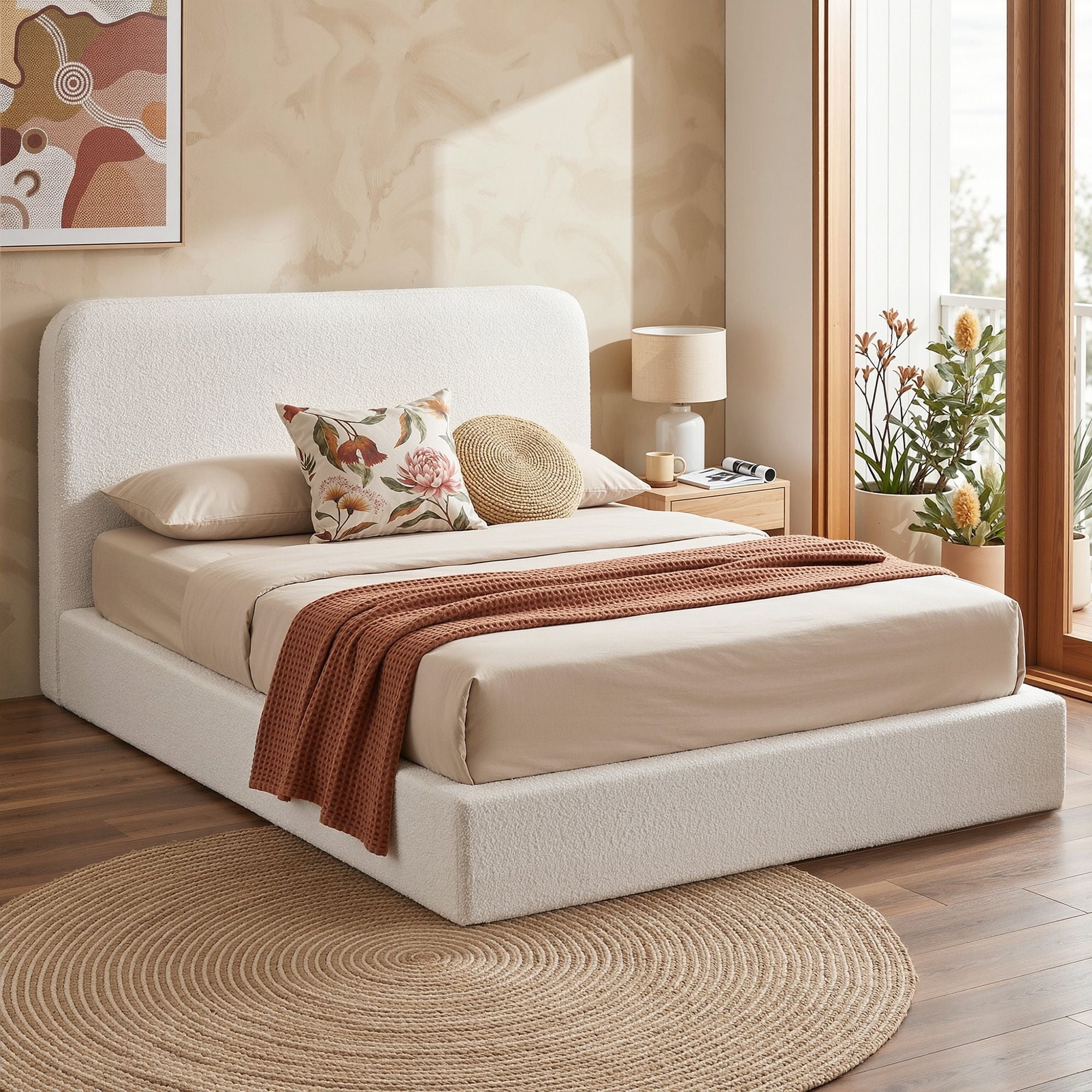 Artiss Queen Bed Frame Boucle Fabric Vacuum Compressed Beds Washable Cover No-Assembly Bedworld