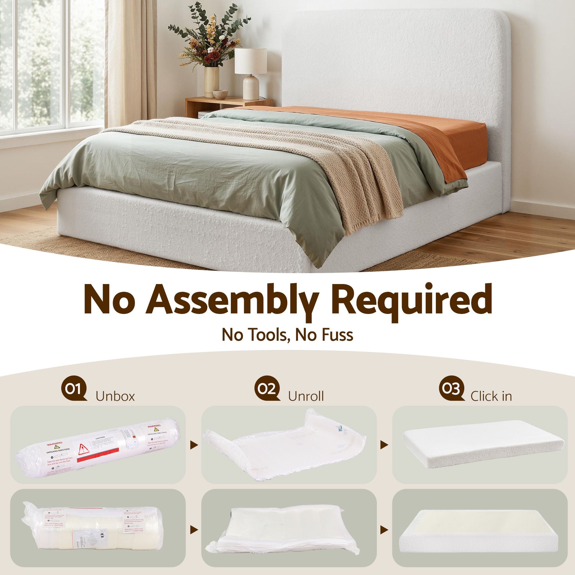Artiss Queen Bed Frame Boucle Fabric Vacuum Compressed Beds Washable Cover No-Assembly Bedworld