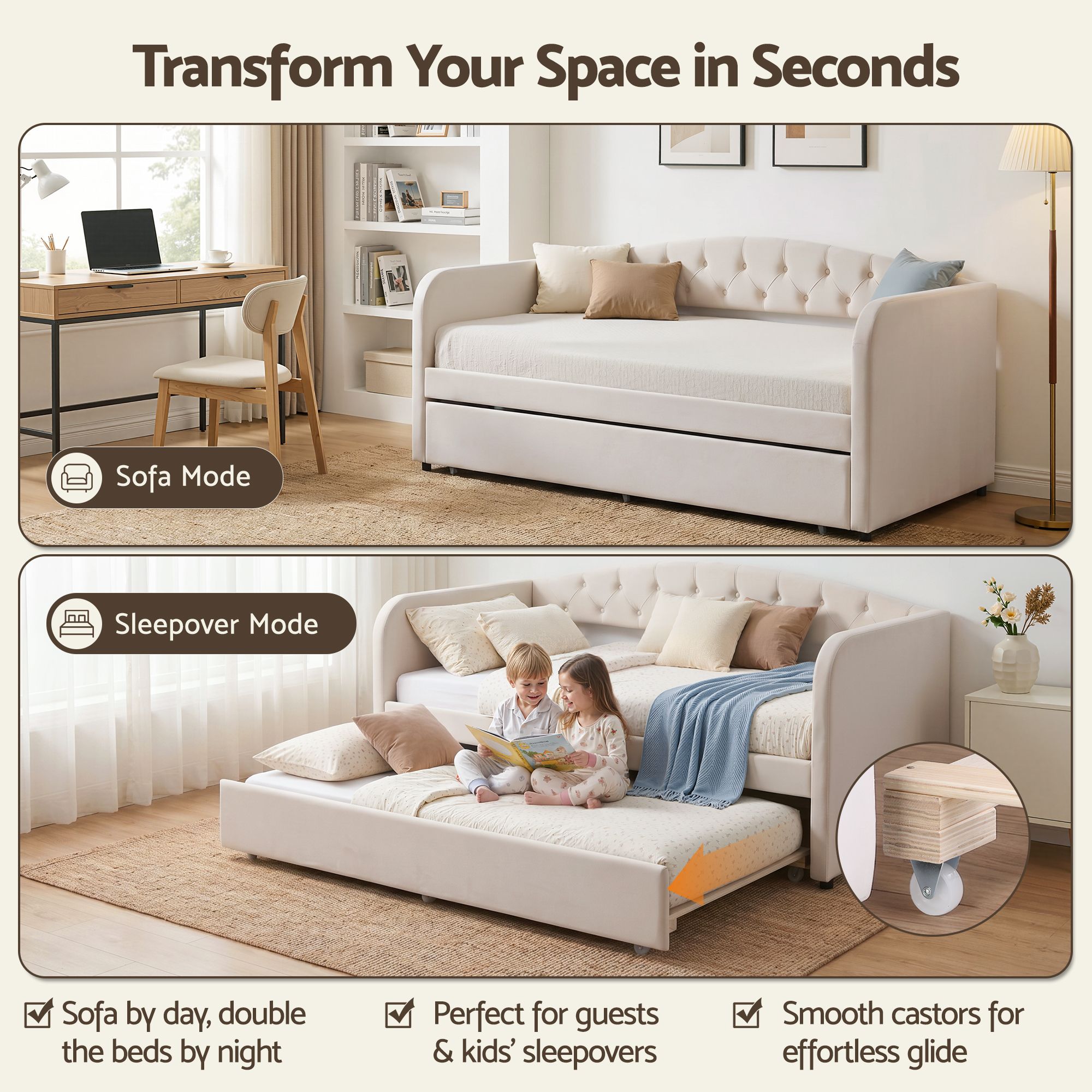 Artiss King Single Daybed Velvet Trundle Bed Frame Tufted Guest Bed Bedworld
