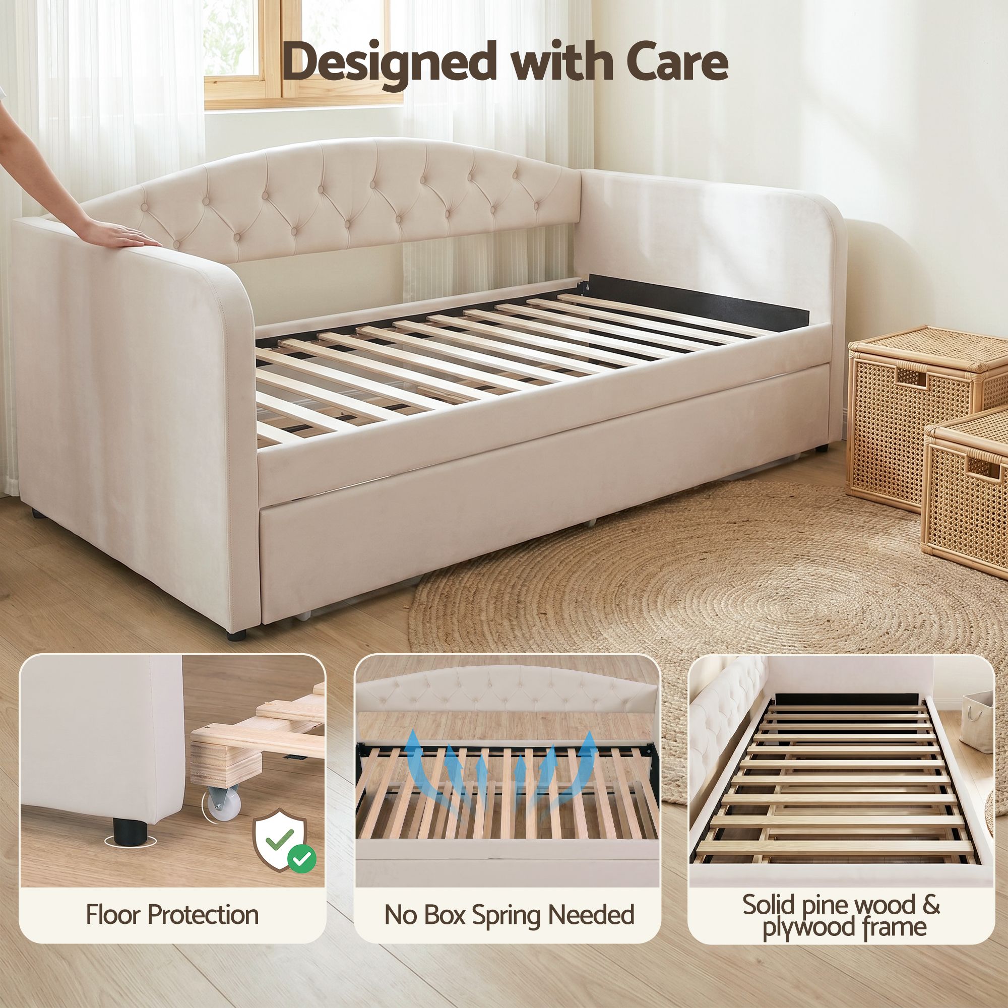 Artiss King Single Daybed Velvet Trundle Bed Frame Tufted Guest Bed Bedworld