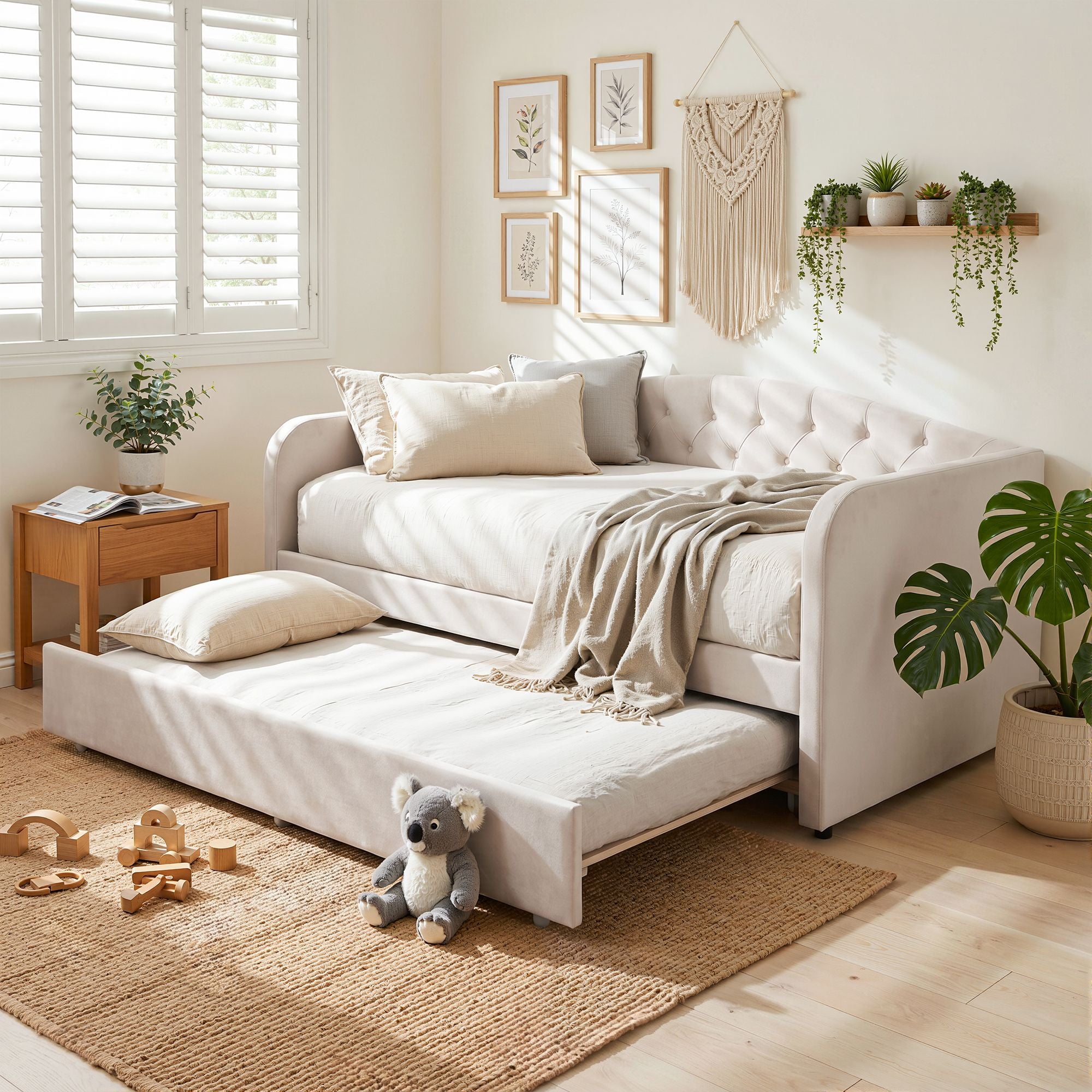 Artiss King Single Daybed Velvet Trundle Bed Frame Tufted Guest Bed Bedworld