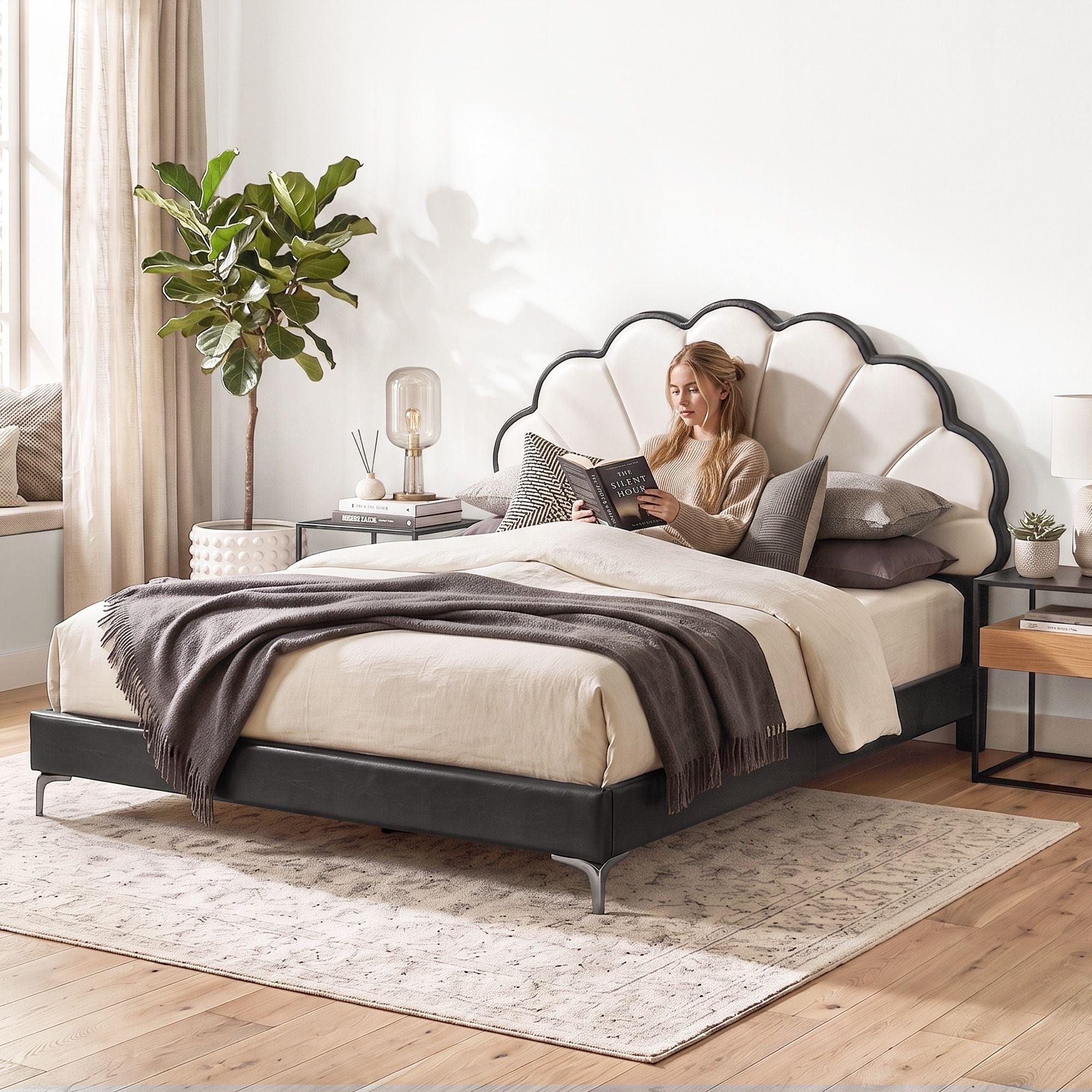 Artiss Queen Bed Frame with Adjustable Shell Headboard and PVC Upholstery Bedworld