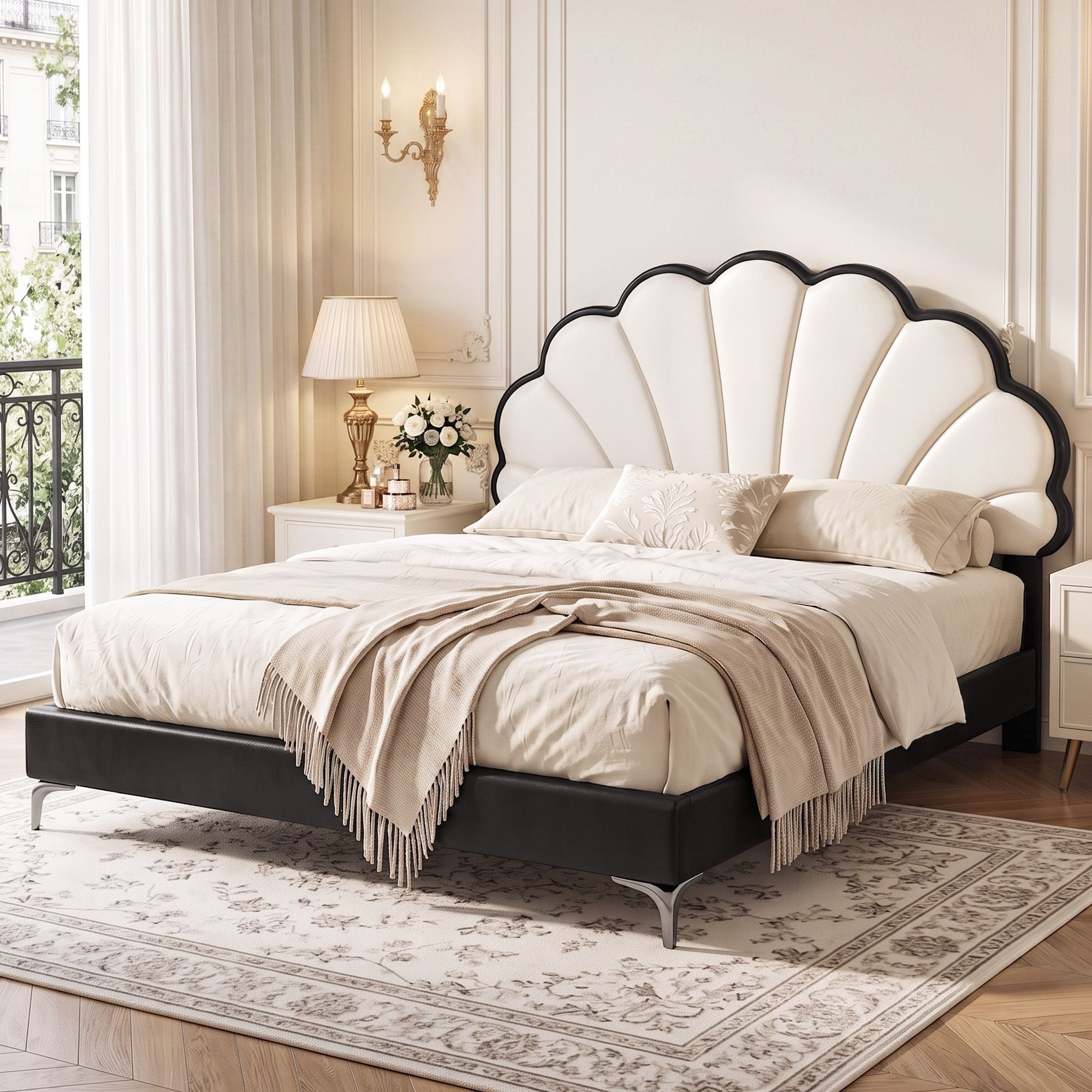 Artiss Queen Bed Frame with Adjustable Shell Headboard and PVC Upholstery Bedworld