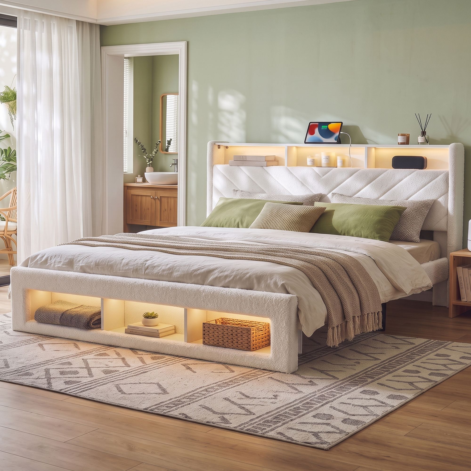 Artiss King Bed Frame with Storage, Charging Station & LED, White Bedworld