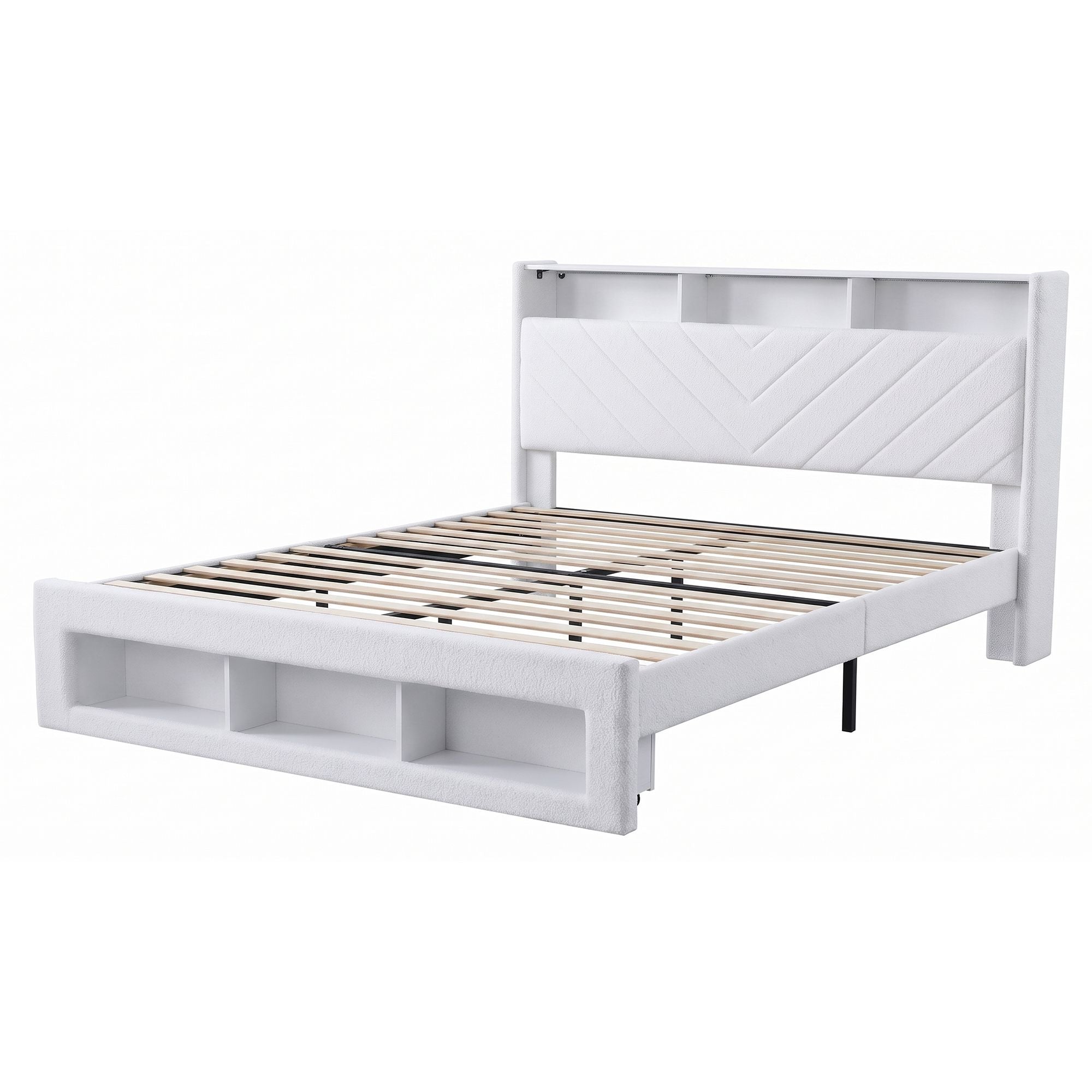 Artiss King Bed Frame with Storage, Charging Station & LED, White Bedworld