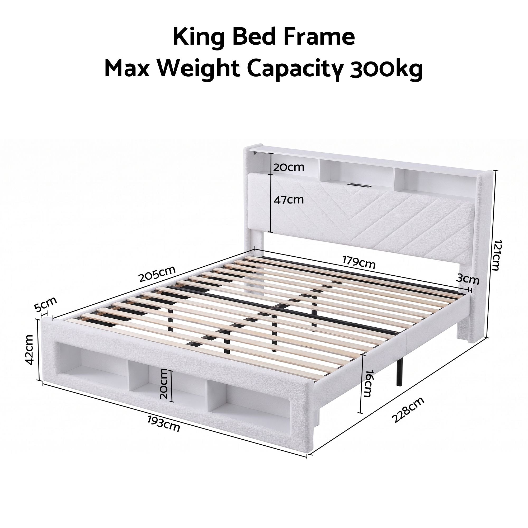 Artiss King Bed Frame with Storage, Charging Station & LED, White Bedworld