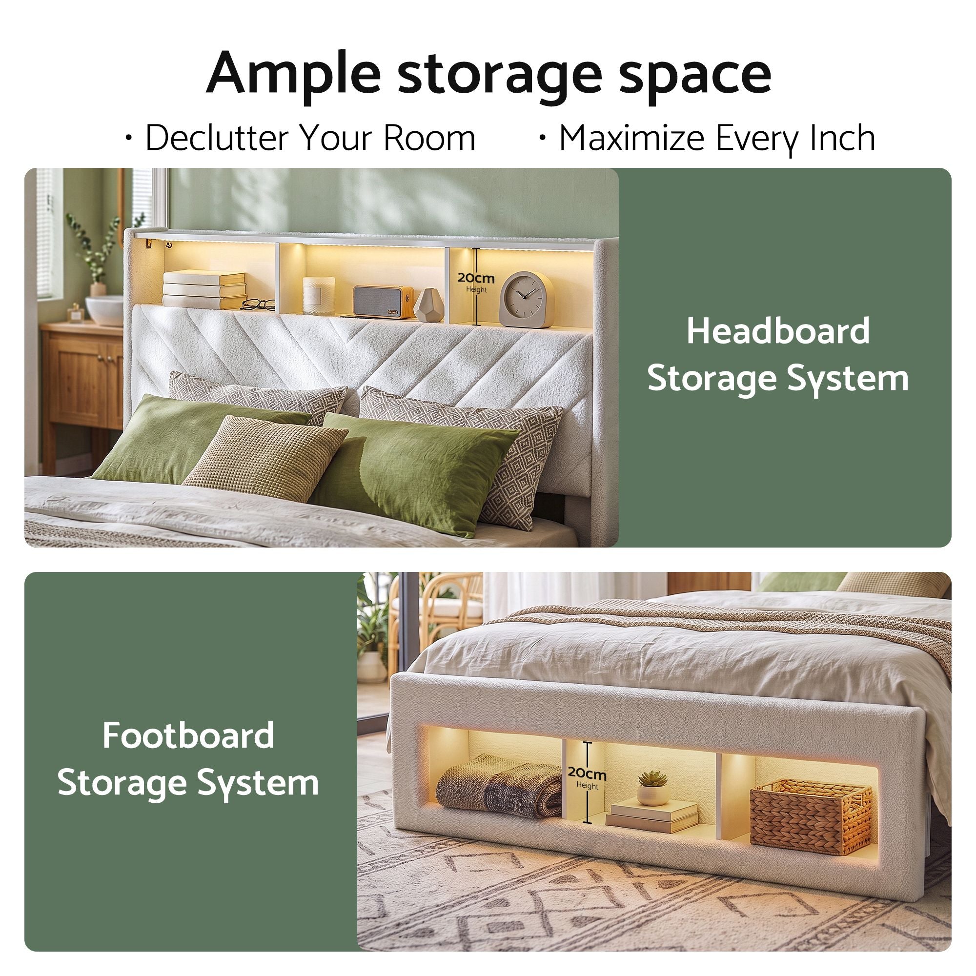 Artiss King Bed Frame with Storage, Charging Station & LED, White Bedworld