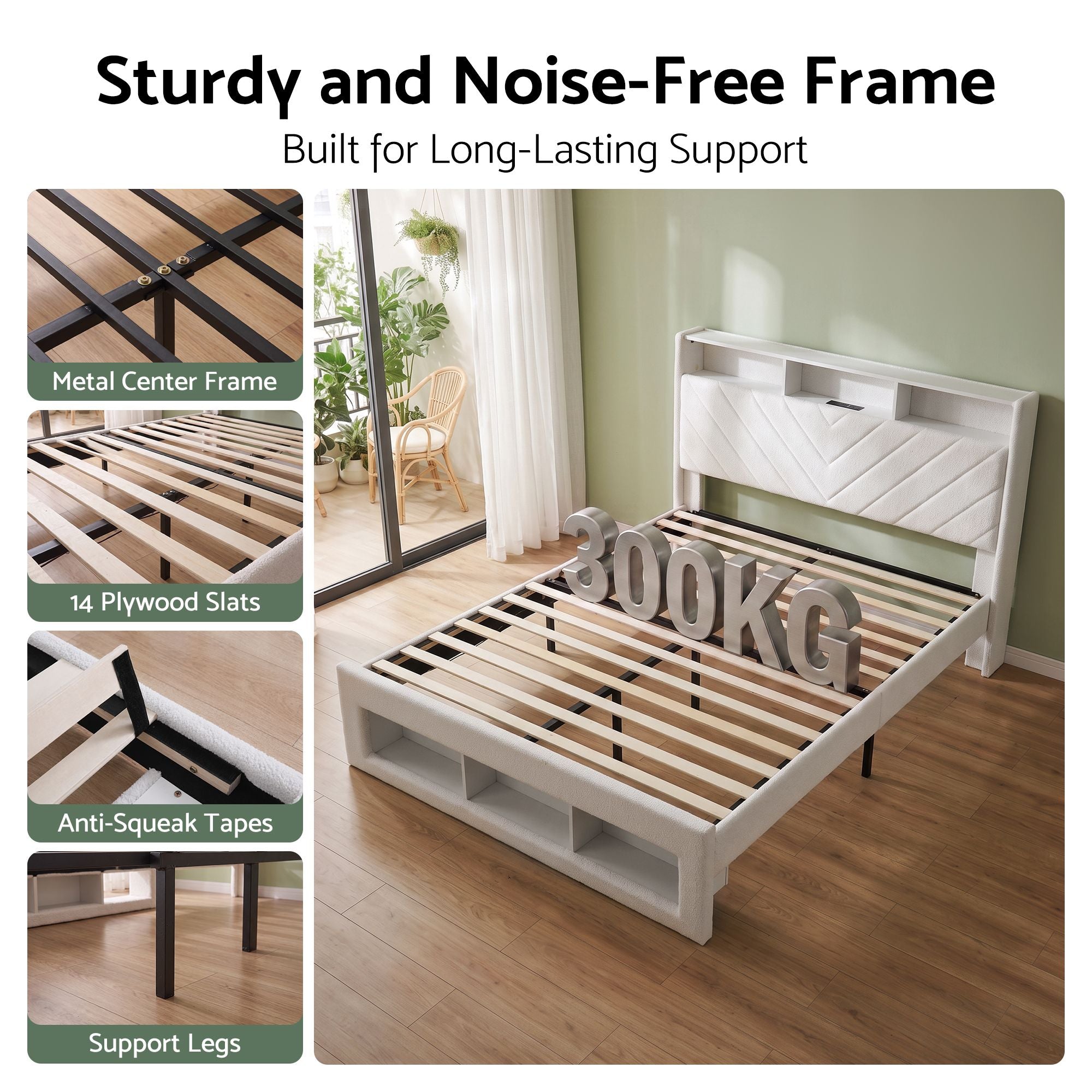 Artiss King Bed Frame with Storage, Charging Station & LED, White Bedworld