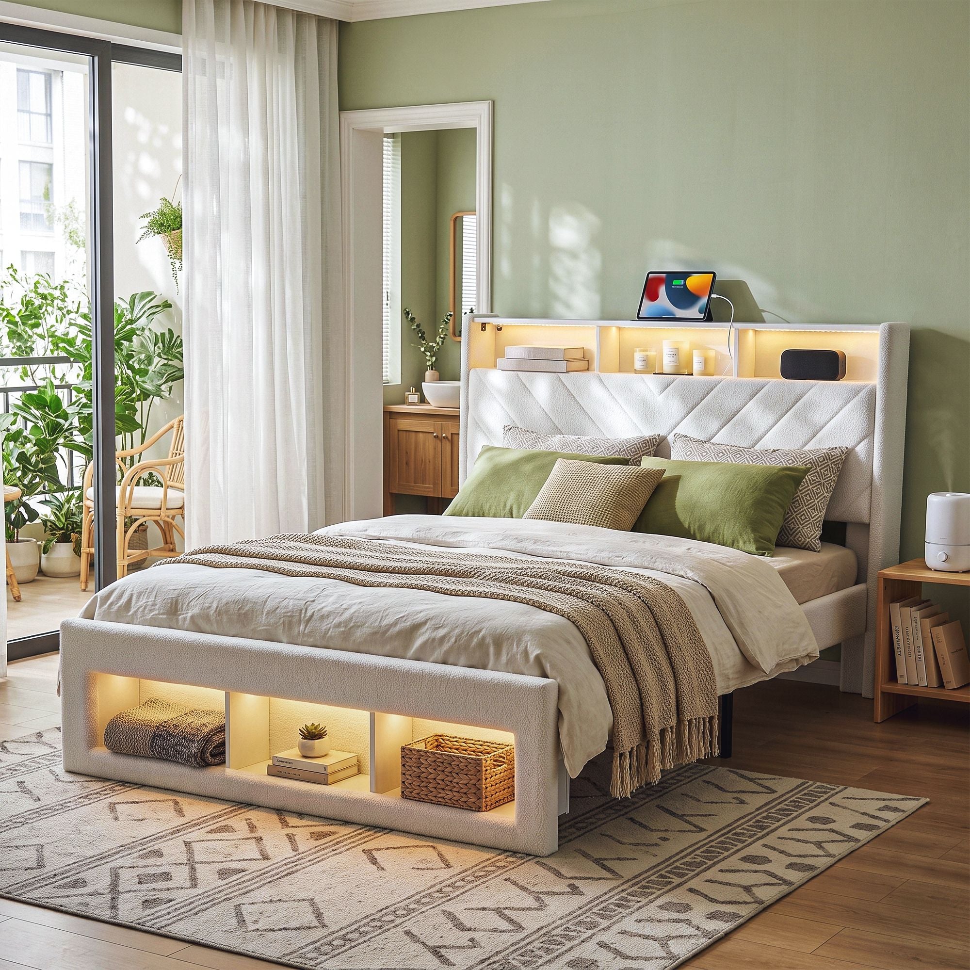 Artiss Queen Bed Frame with Storage Charging Station & LED White Bedworld