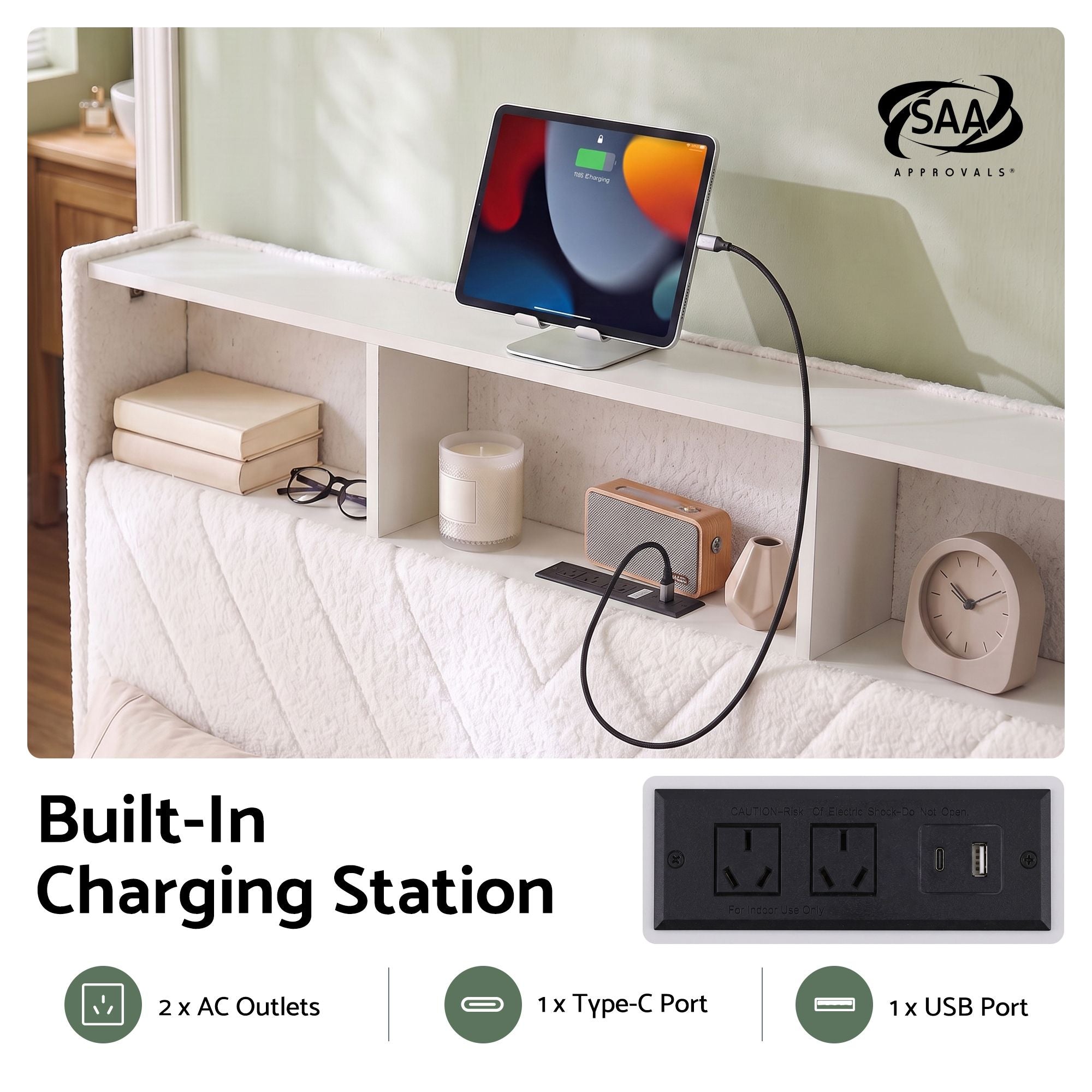 Artiss Queen Bed Frame with Storage Charging Station & LED White Bedworld