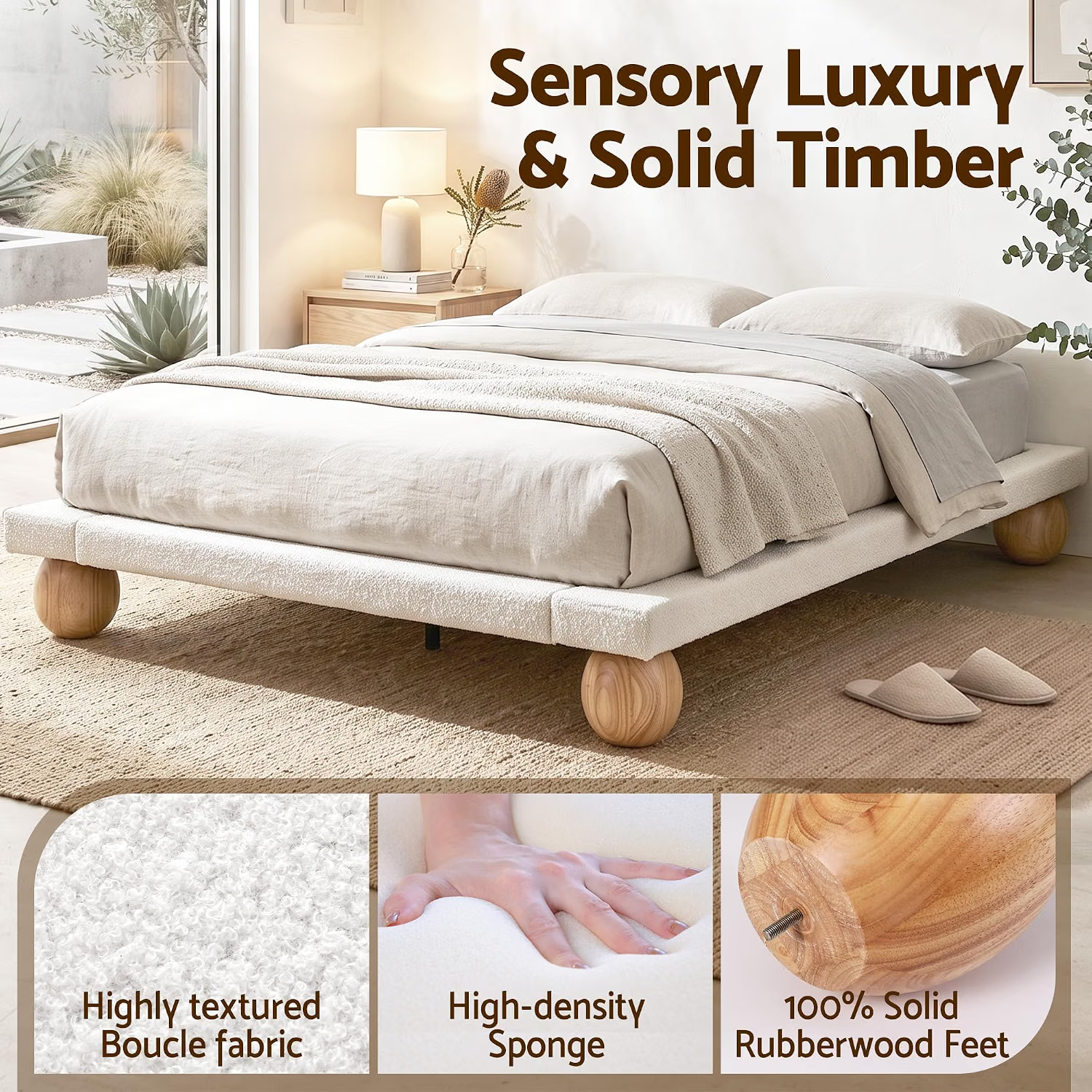 Artiss Boucle Queen Bed Frame and Chest of 6 Drawers Bedroom Set Bedworld