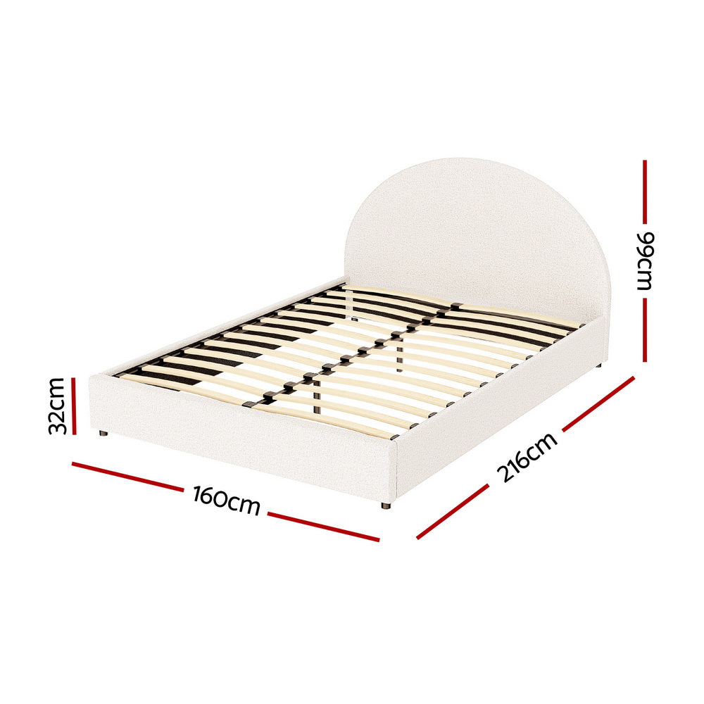 Queen bed frame with boucle fabric, curved headboard, and slatted mattress base