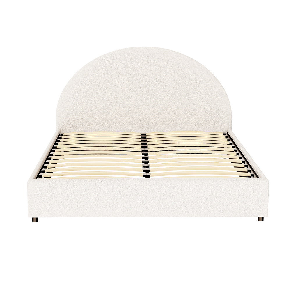 Queen bed frame with boucle upholstery, rounded headboard and footboard, slatted base