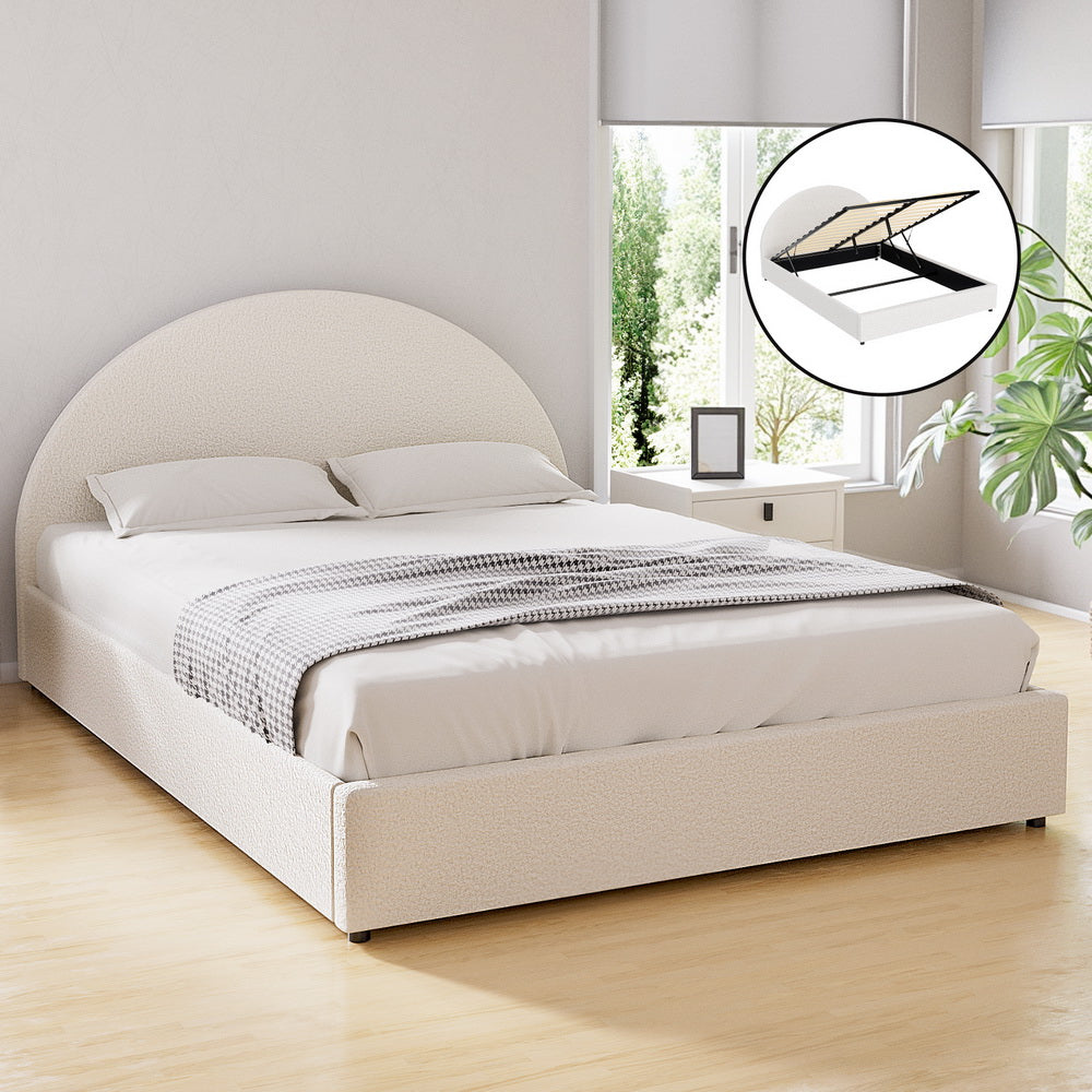 Queen bed frame with light boucle upholstery, rounded headboard, gas-lift storage function