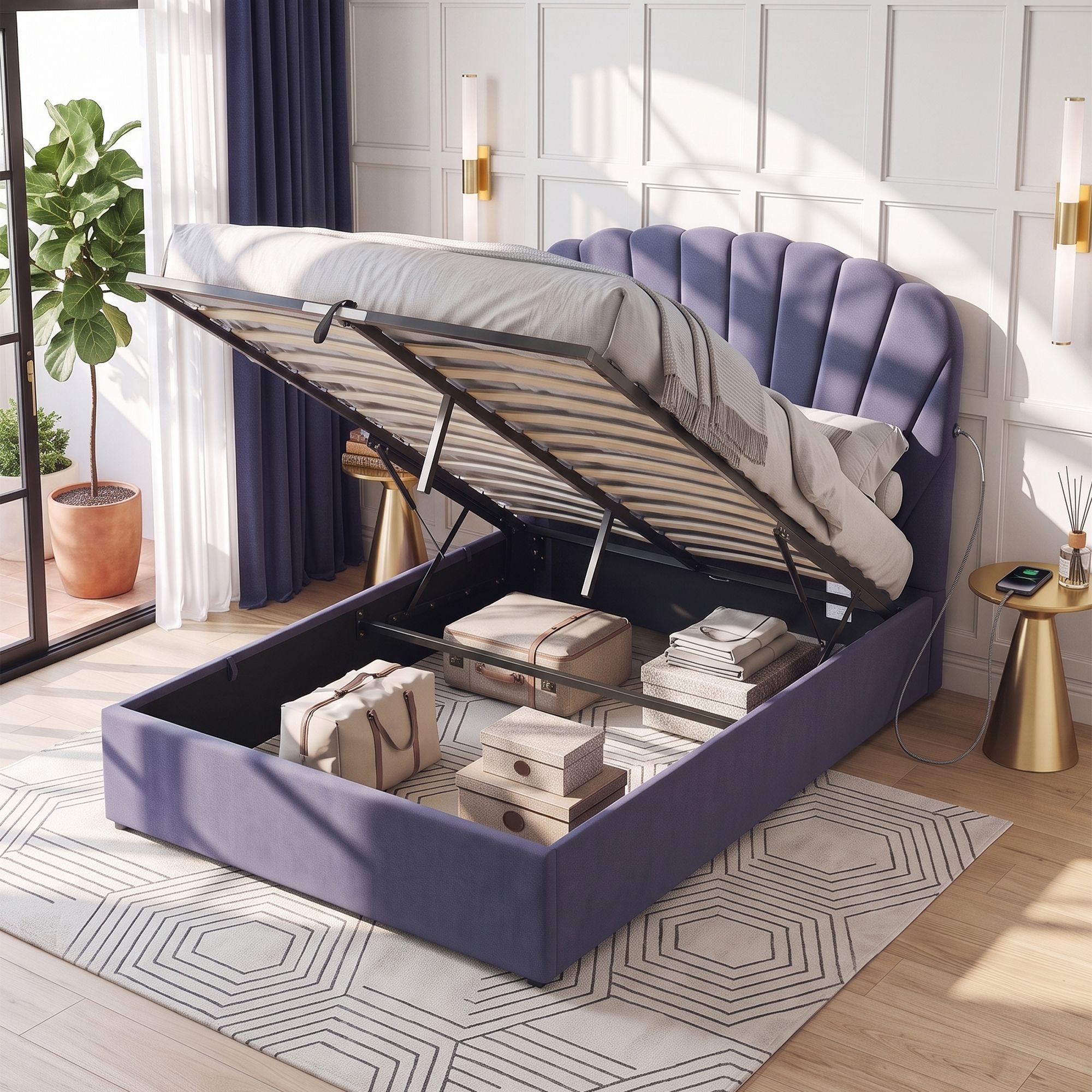 Artiss Double Bed Frame with Lift Up Storage and USB Ports Grey Bedworld