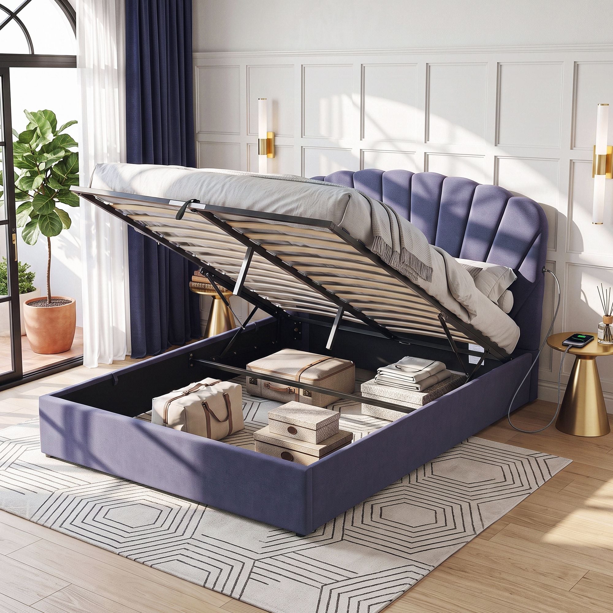 Artiss Queen Bed Frame with Lift Up Storage and USB Ports Grey Bedworld