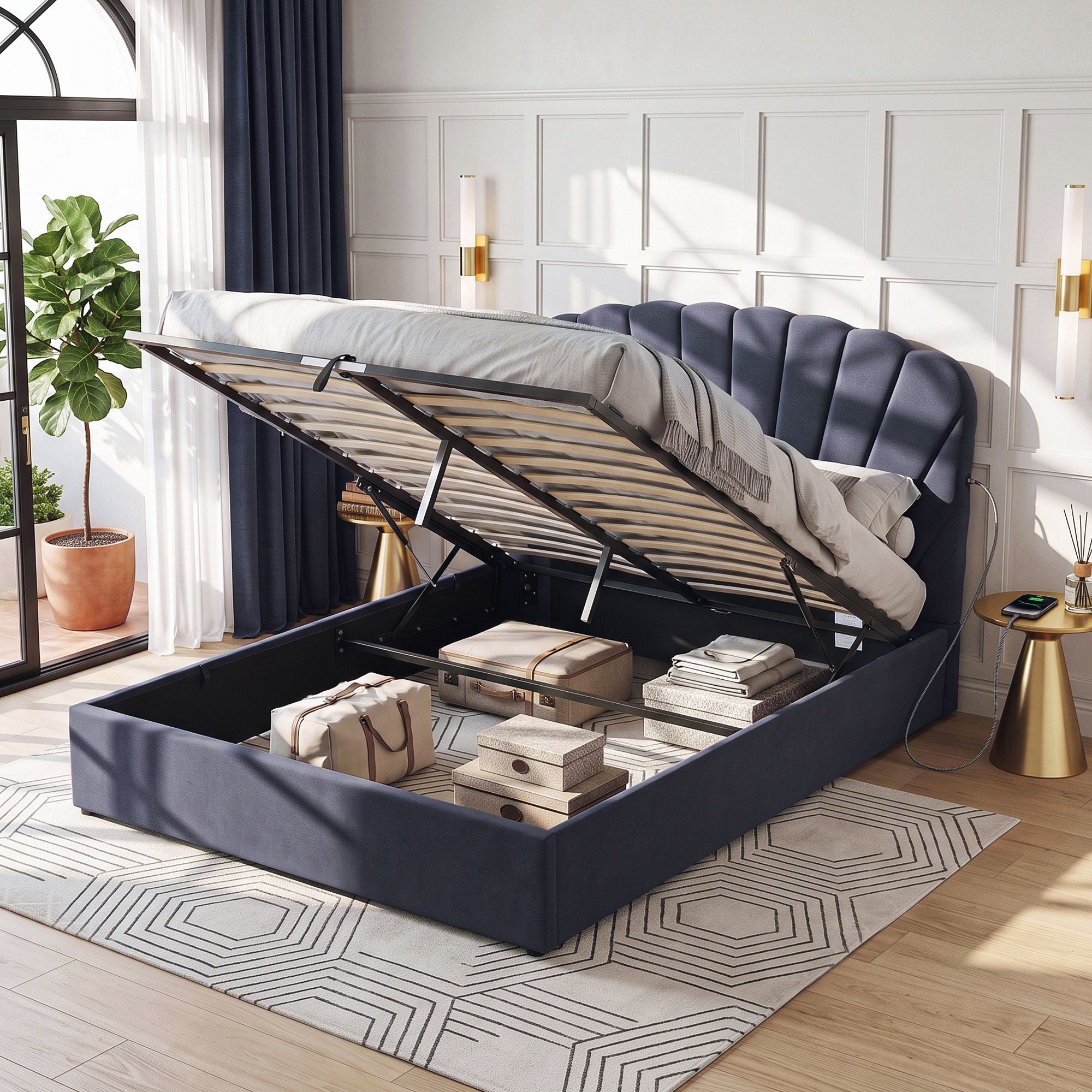 Artiss Queen Bed Frame with Lift Up Storage and USB Ports Grey Bedworld