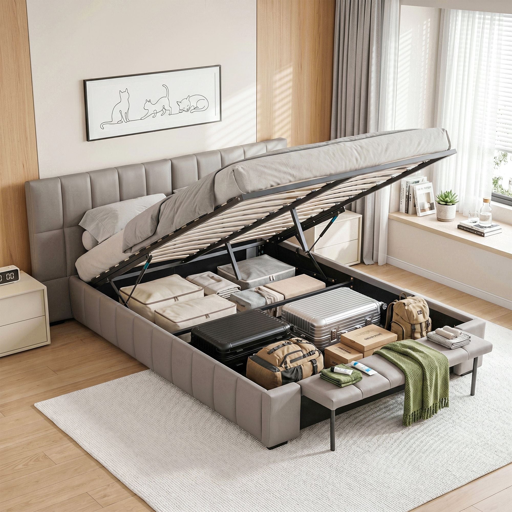 Artiss Double Size Upholstered Gas Lift Bed Frame with Foldable Bench PVC Leather Platform Bed with Storage Bedworld