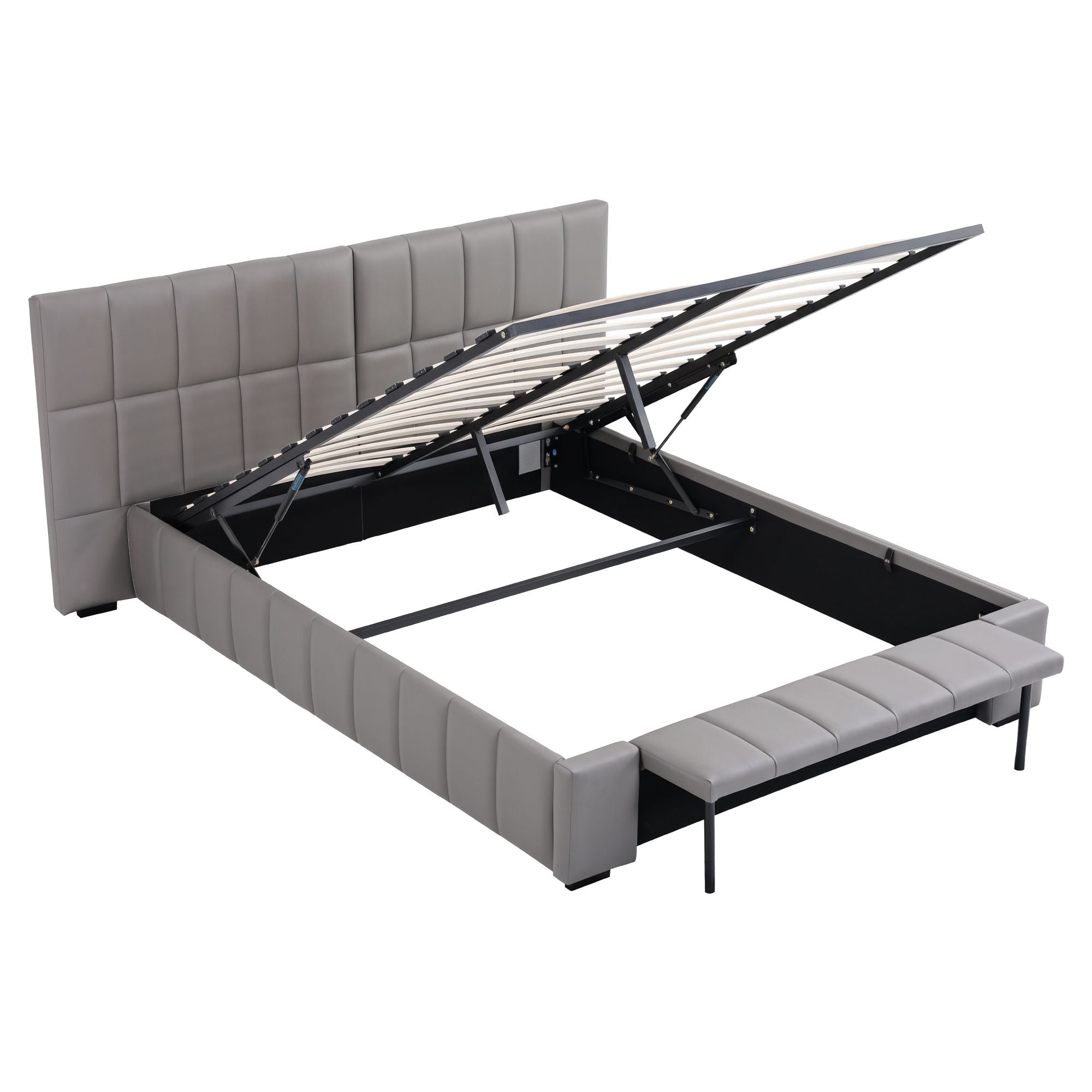 Artiss Double Size Upholstered Gas Lift Bed Frame with Foldable Bench PVC Leather Platform Bed with Storage Bedworld