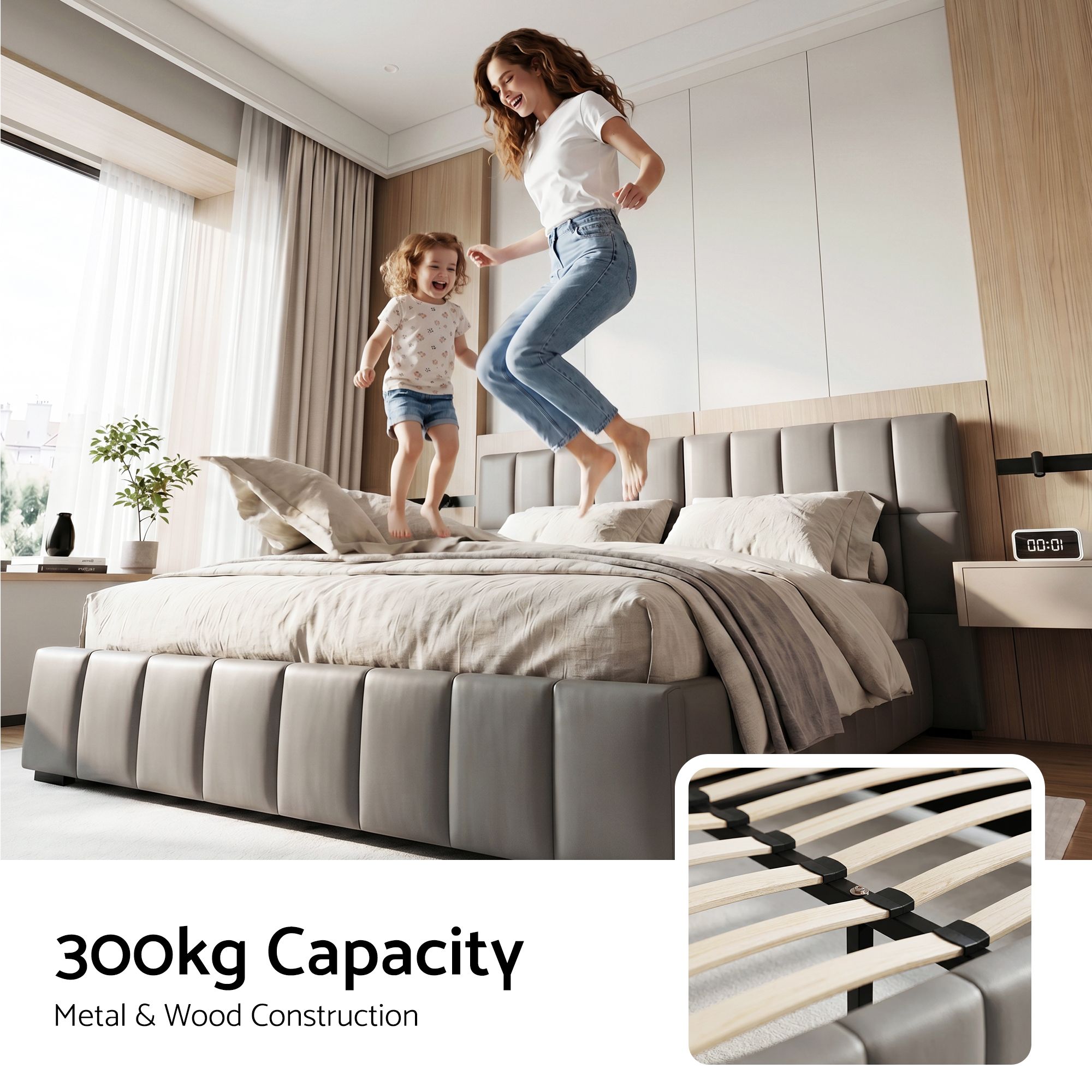 Artiss Double Size Upholstered Gas Lift Bed Frame with Foldable Bench PVC Leather Platform Bed with Storage Bedworld