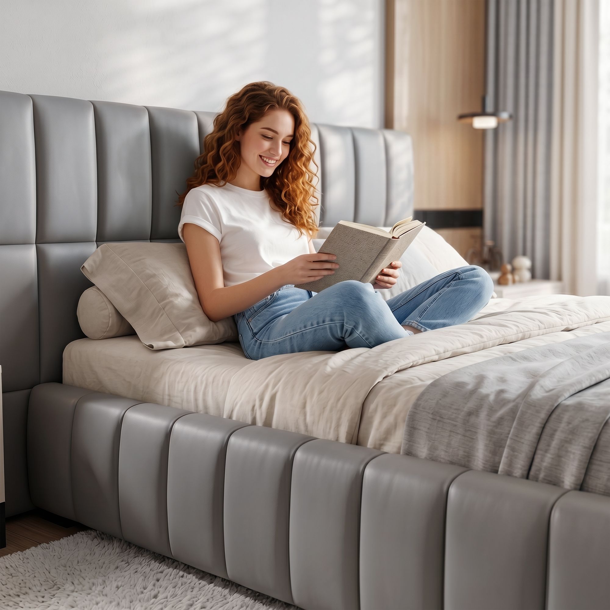 Artiss Double Size Upholstered Gas Lift Bed Frame with Foldable Bench PVC Leather Platform Bed with Storage Bedworld