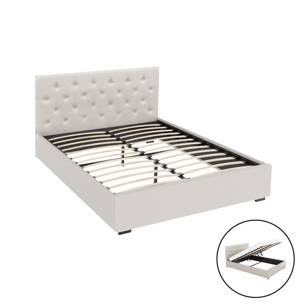 Beige double bed frame with tufted headboard and visible under-bed lift mechanism