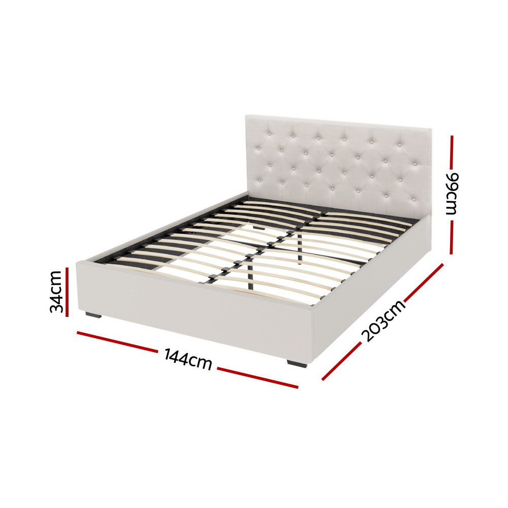 Beige double bed frame with tufted headboard and slatted base, side view