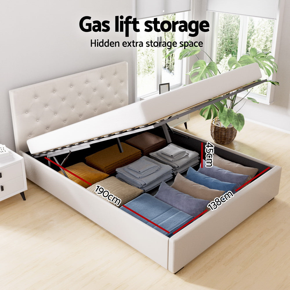 Beige gas-lift bed frame with open storage compartment under the slatted base