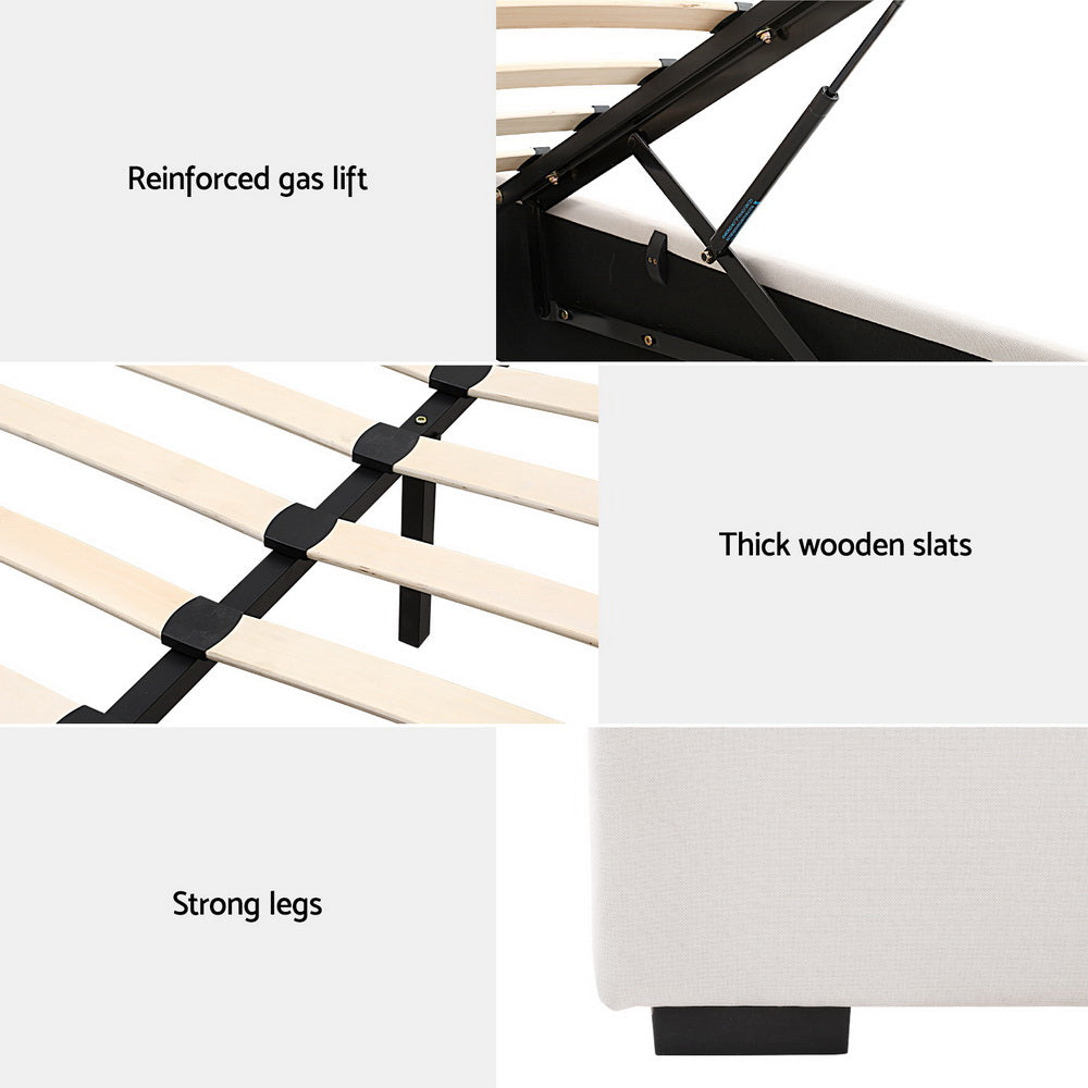 Beige bed frame with reinforced gas-lift mechanism and thick wooden slats