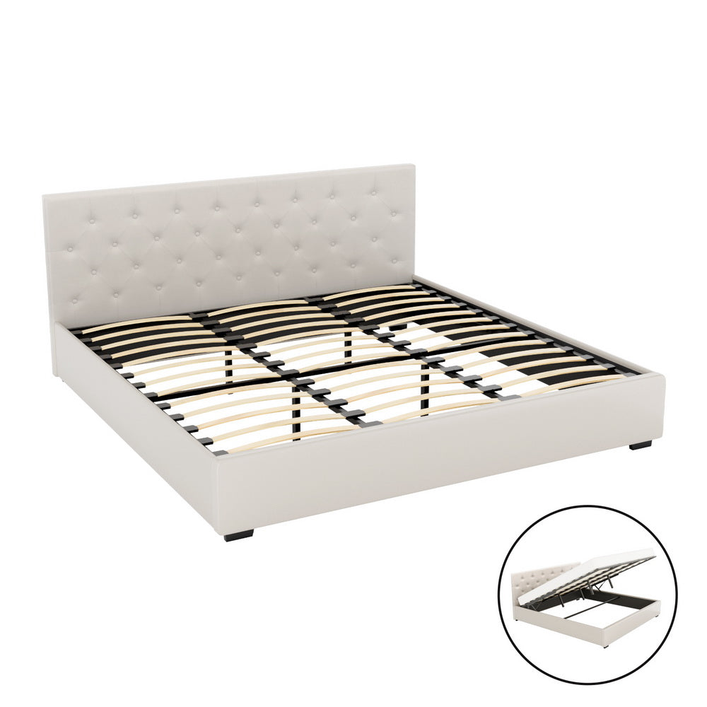 Beige king bed frame with tufted headboard, slatted base, and lift-up storage