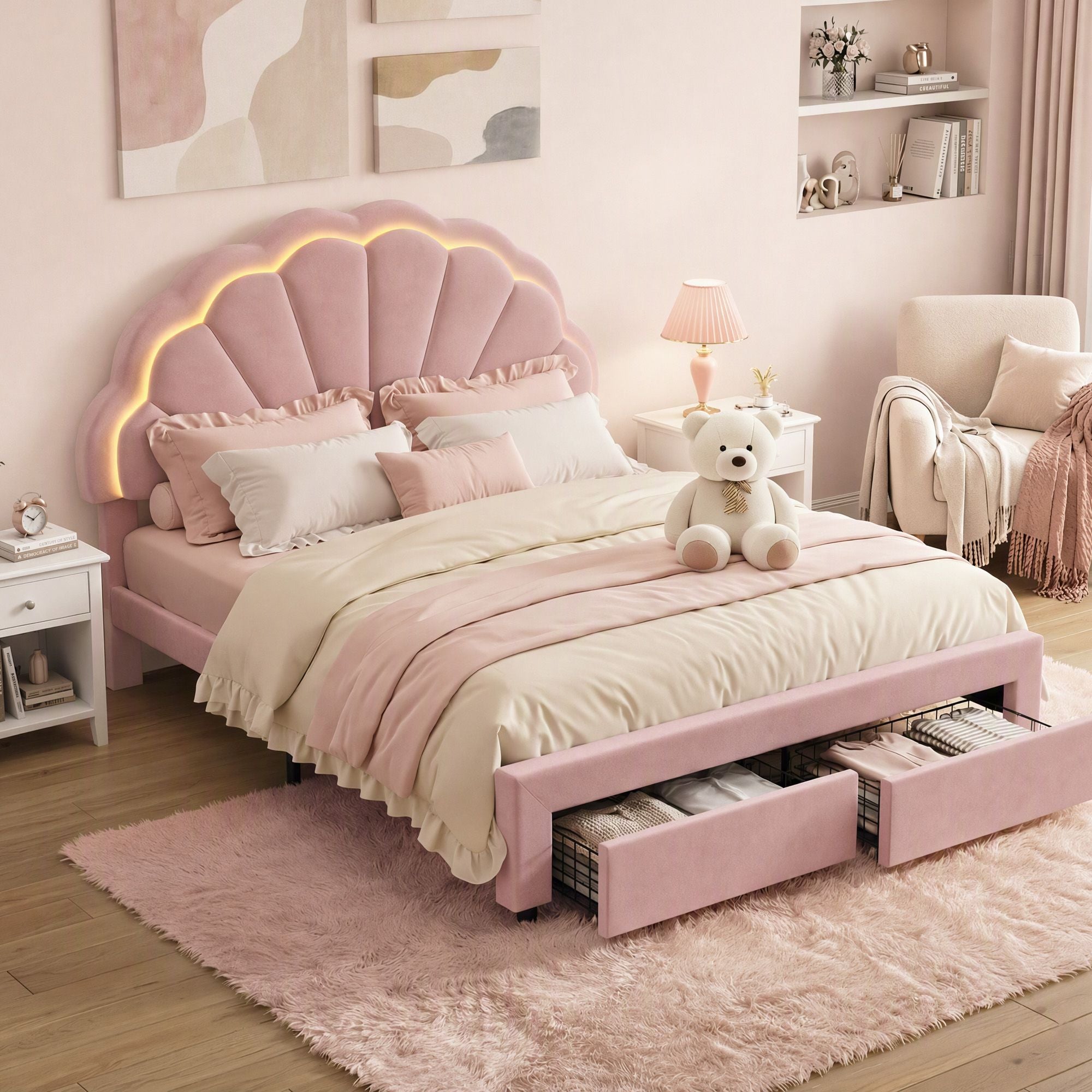 Artiss Double Bed Frame with 2 Storage Drawers Upholstered Velvet Platform Bed LED Headboard Pink Bedworld