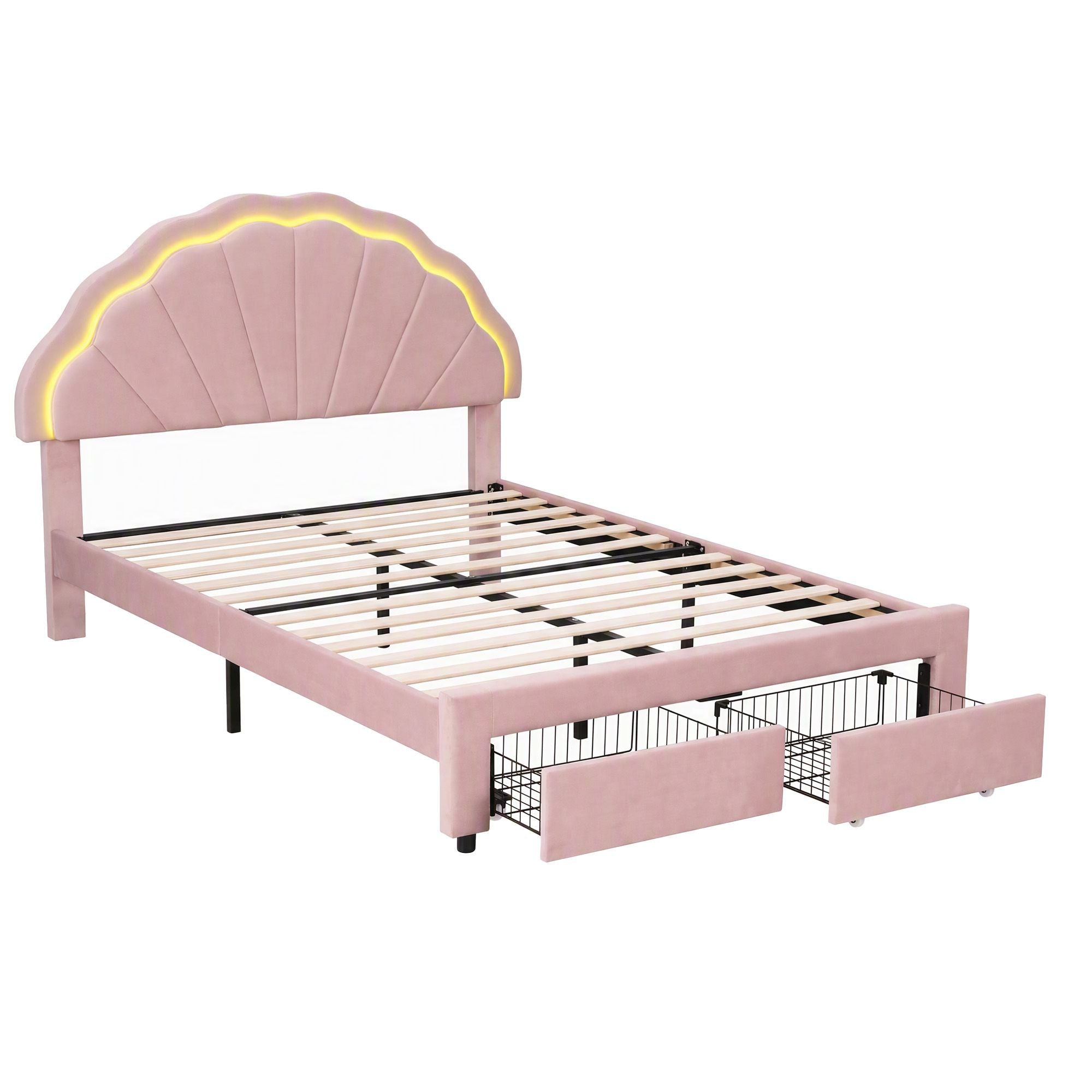 Artiss Double Bed Frame with 2 Storage Drawers Upholstered Velvet Platform Bed LED Headboard Pink Bedworld