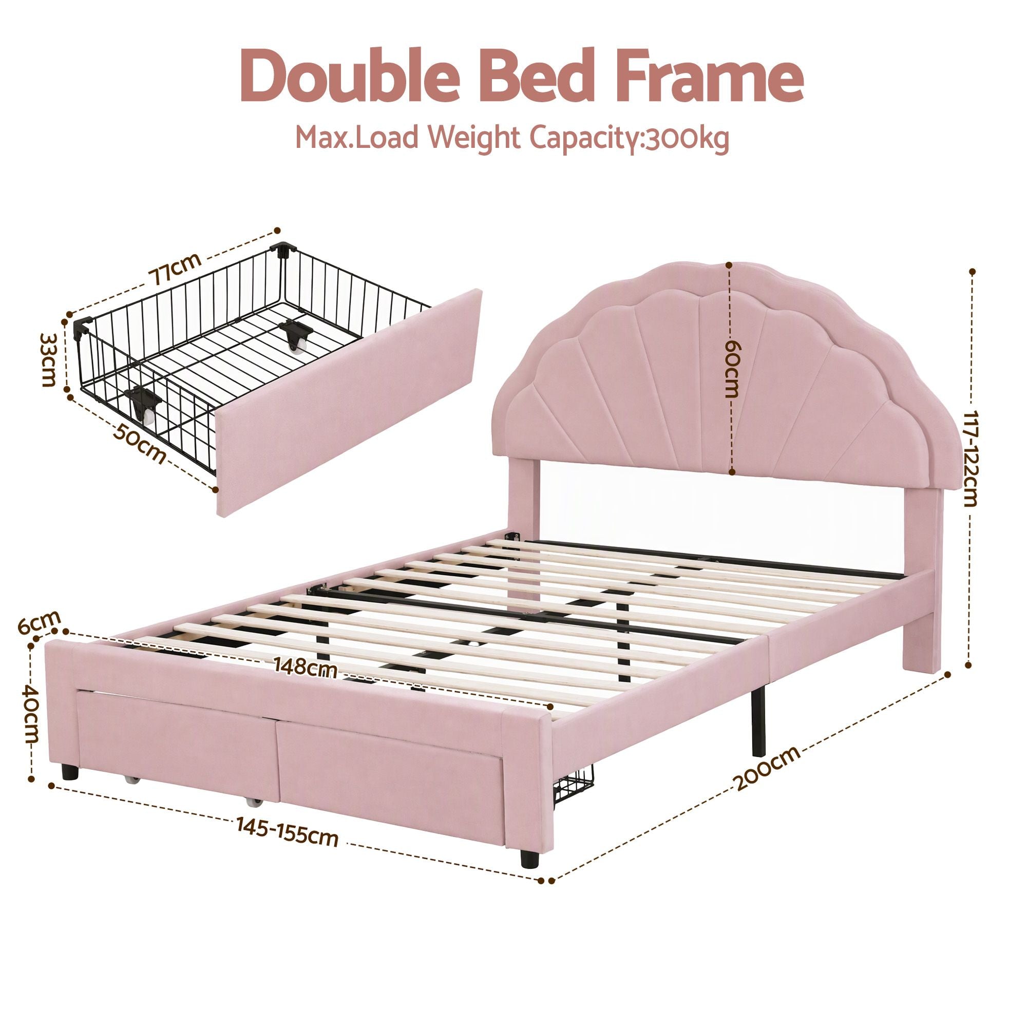 Artiss Double Bed Frame with 2 Storage Drawers Upholstered Velvet Platform Bed LED Headboard Pink Bedworld