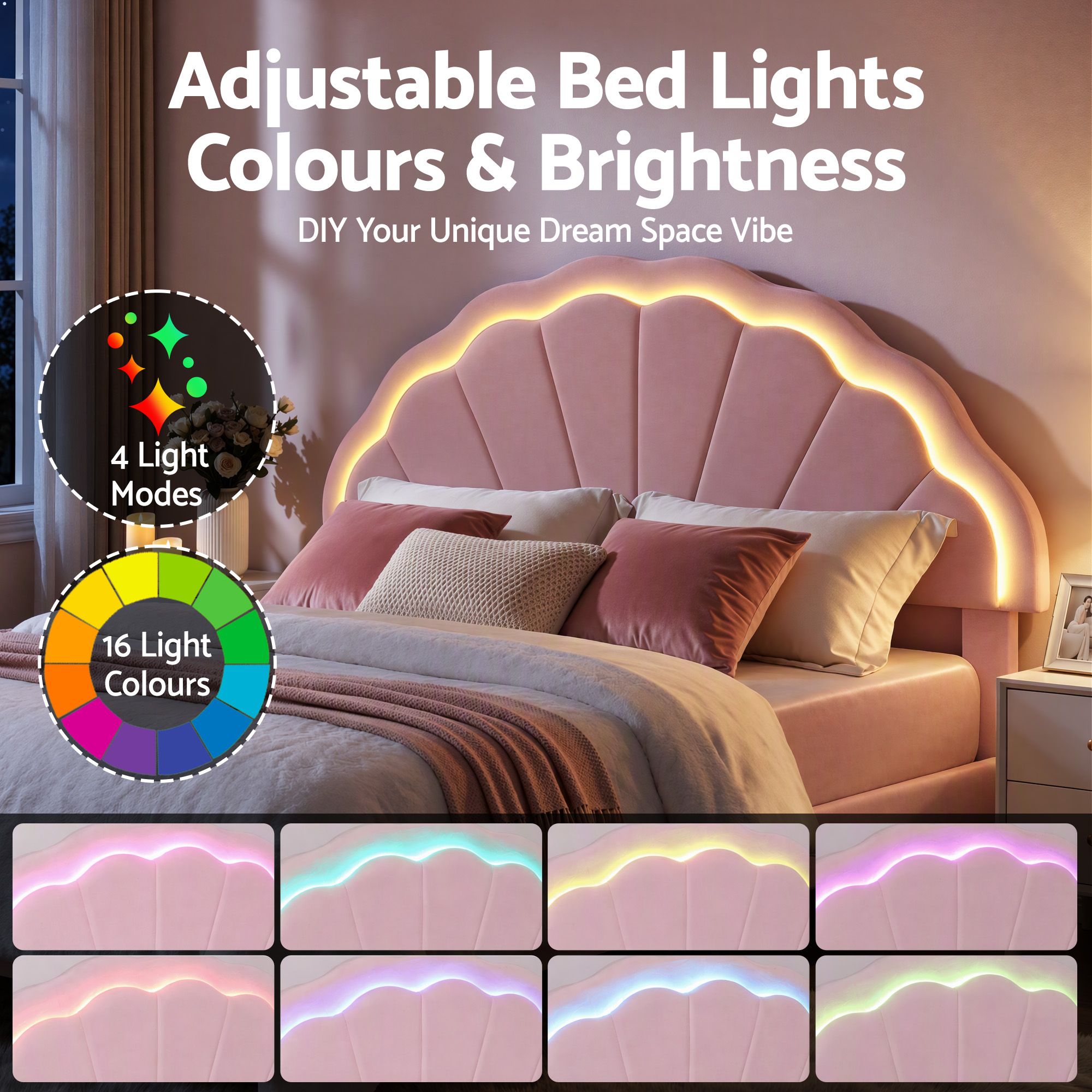 Artiss Double Bed Frame with 2 Storage Drawers Upholstered Velvet Platform Bed LED Headboard Pink Bedworld