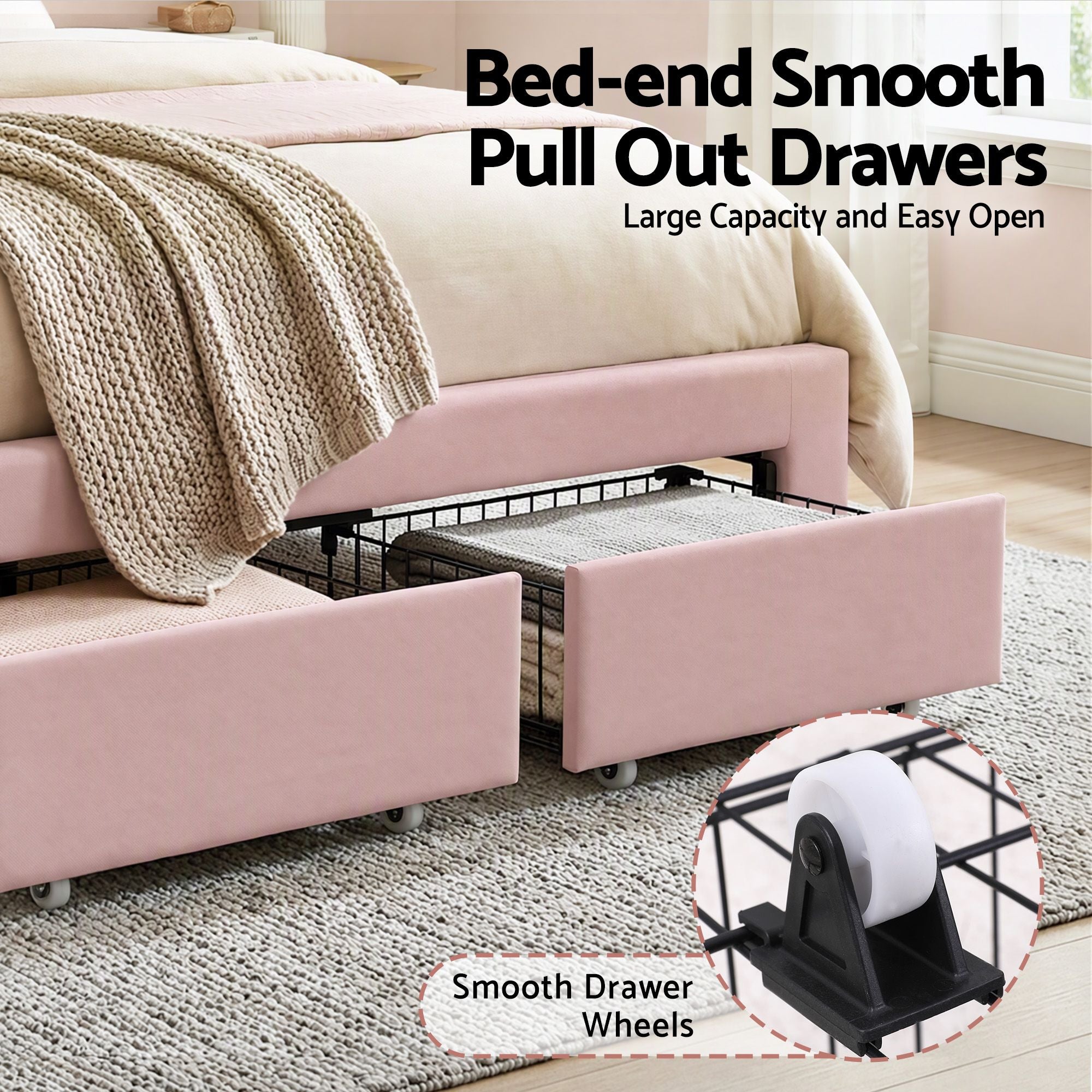 Artiss Double Bed Frame with 2 Storage Drawers Upholstered Velvet Platform Bed LED Headboard Pink Bedworld