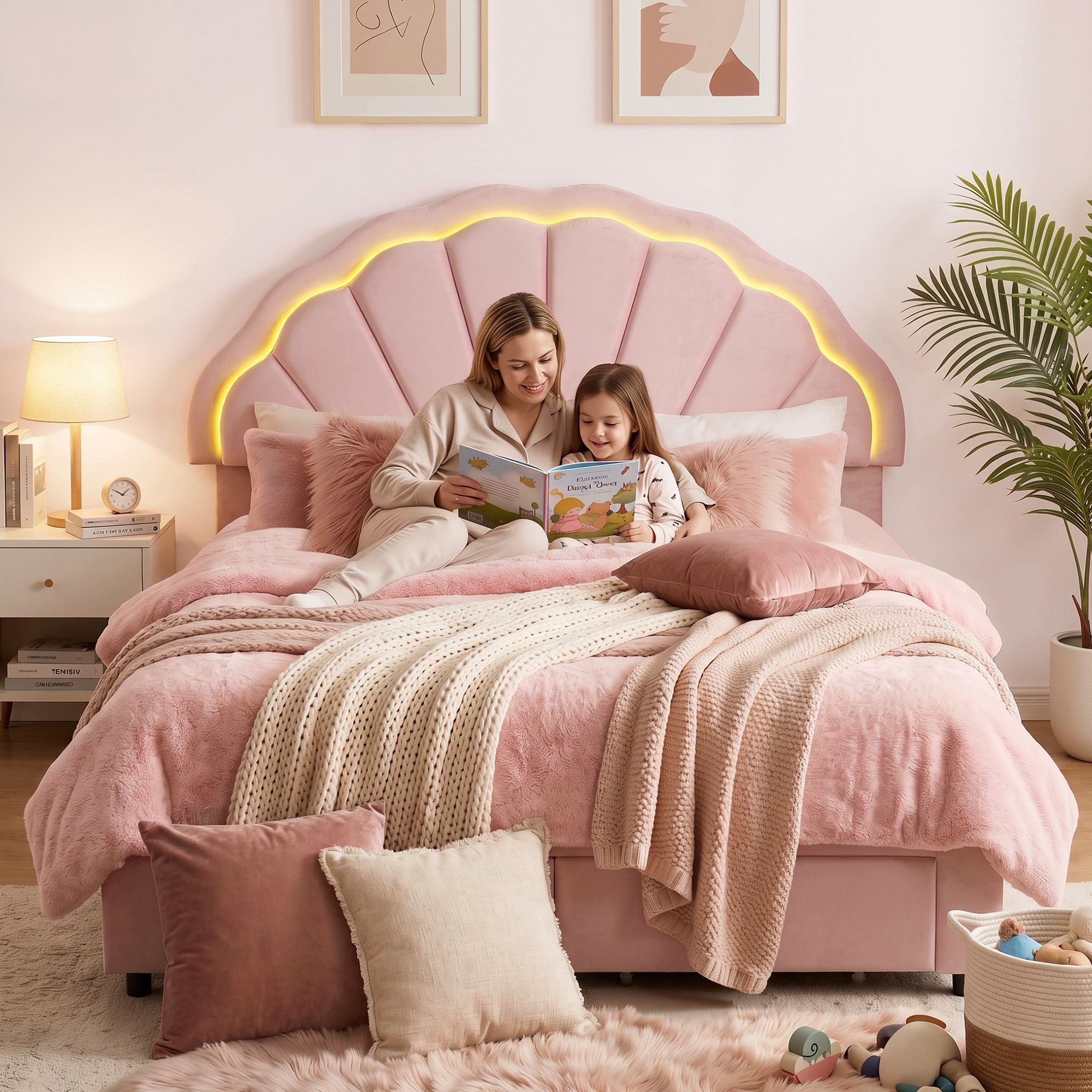 Artiss Double Bed Frame with 2 Storage Drawers Upholstered Velvet Platform Bed LED Headboard Pink Bedworld