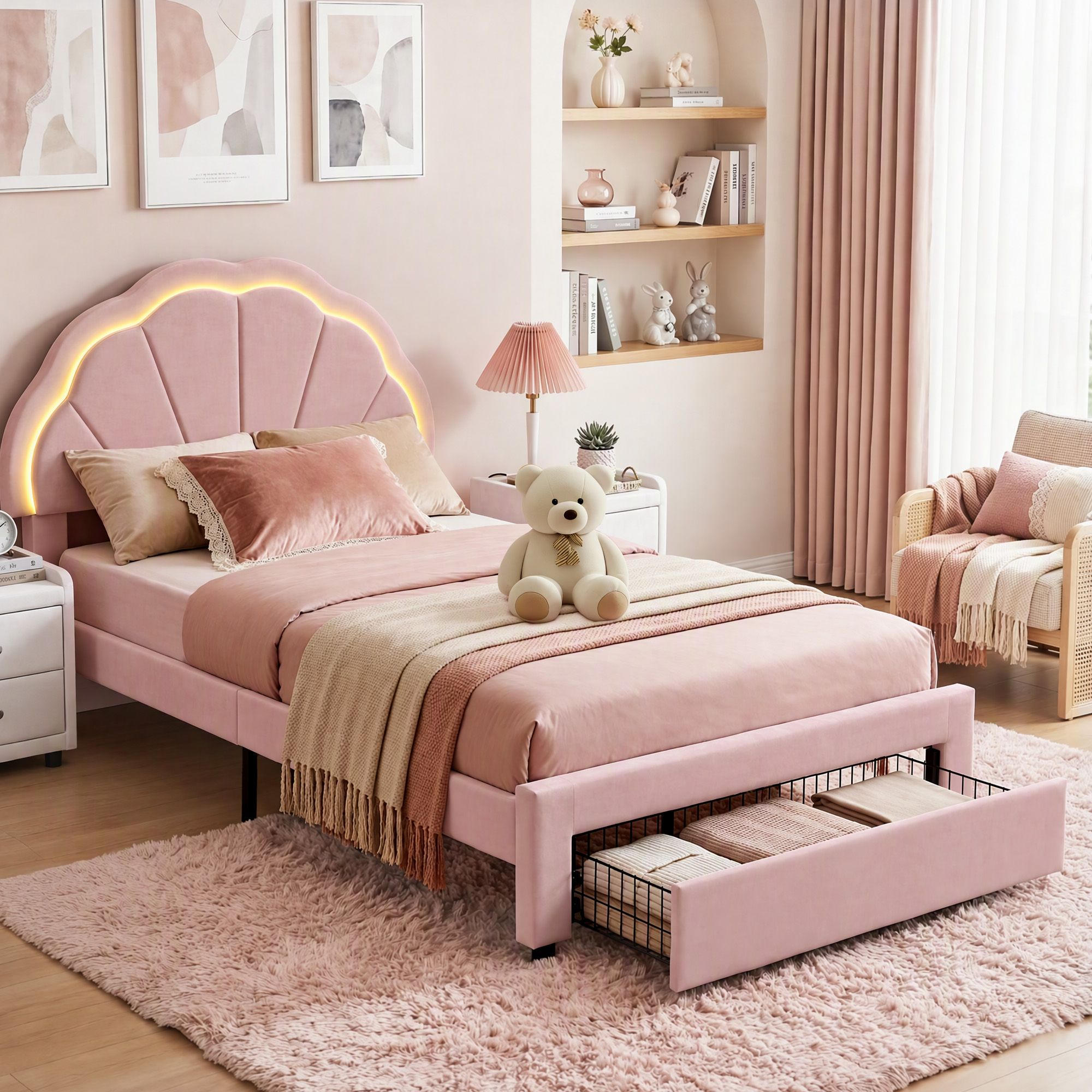 Artiss King Single Bed Frame with 1 Storage Drawers Upholstered Velvet Platform Bed LED Headboard Pink Bedworld