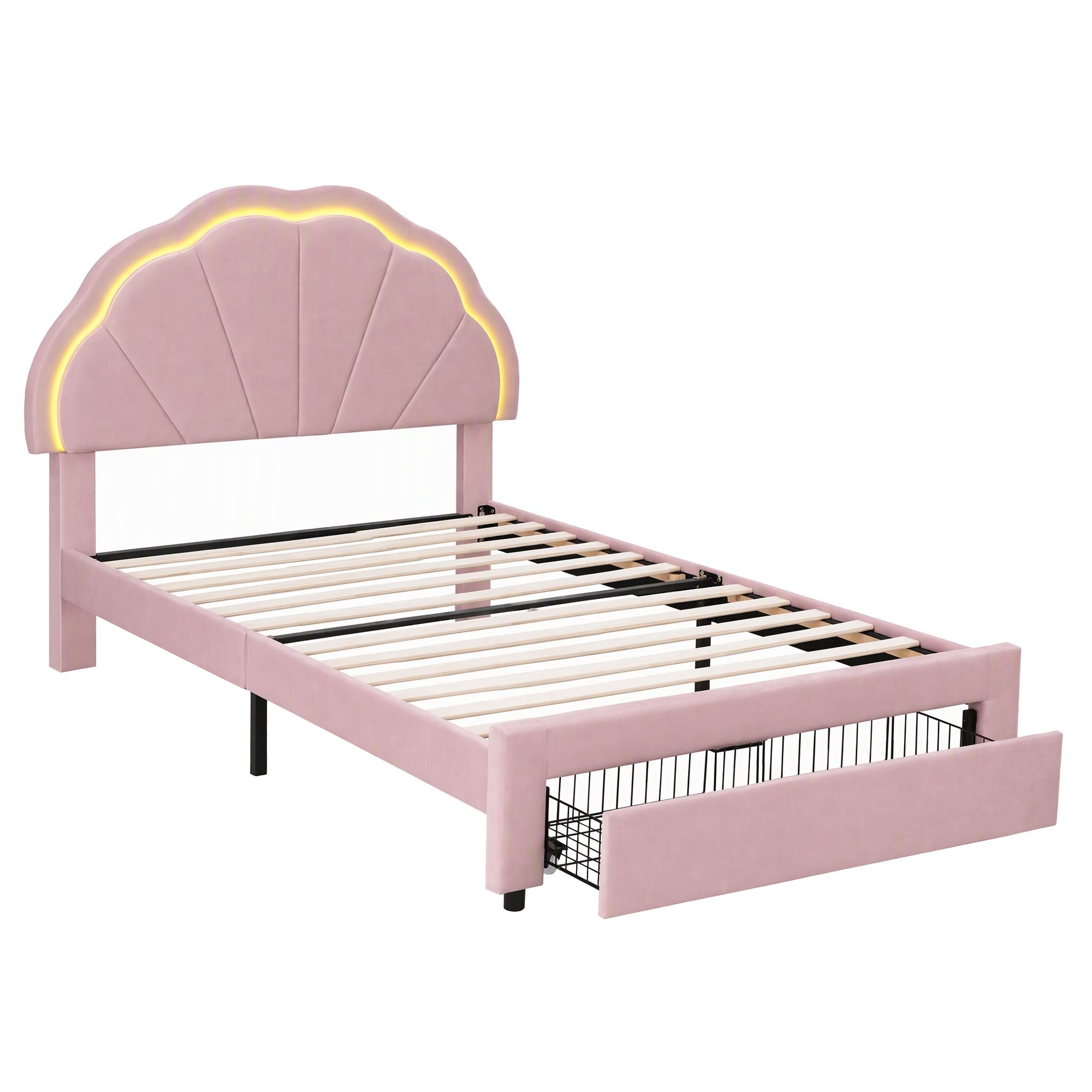 Artiss King Single Bed Frame with 1 Storage Drawers Upholstered Velvet Platform Bed LED Headboard Pink Bedworld