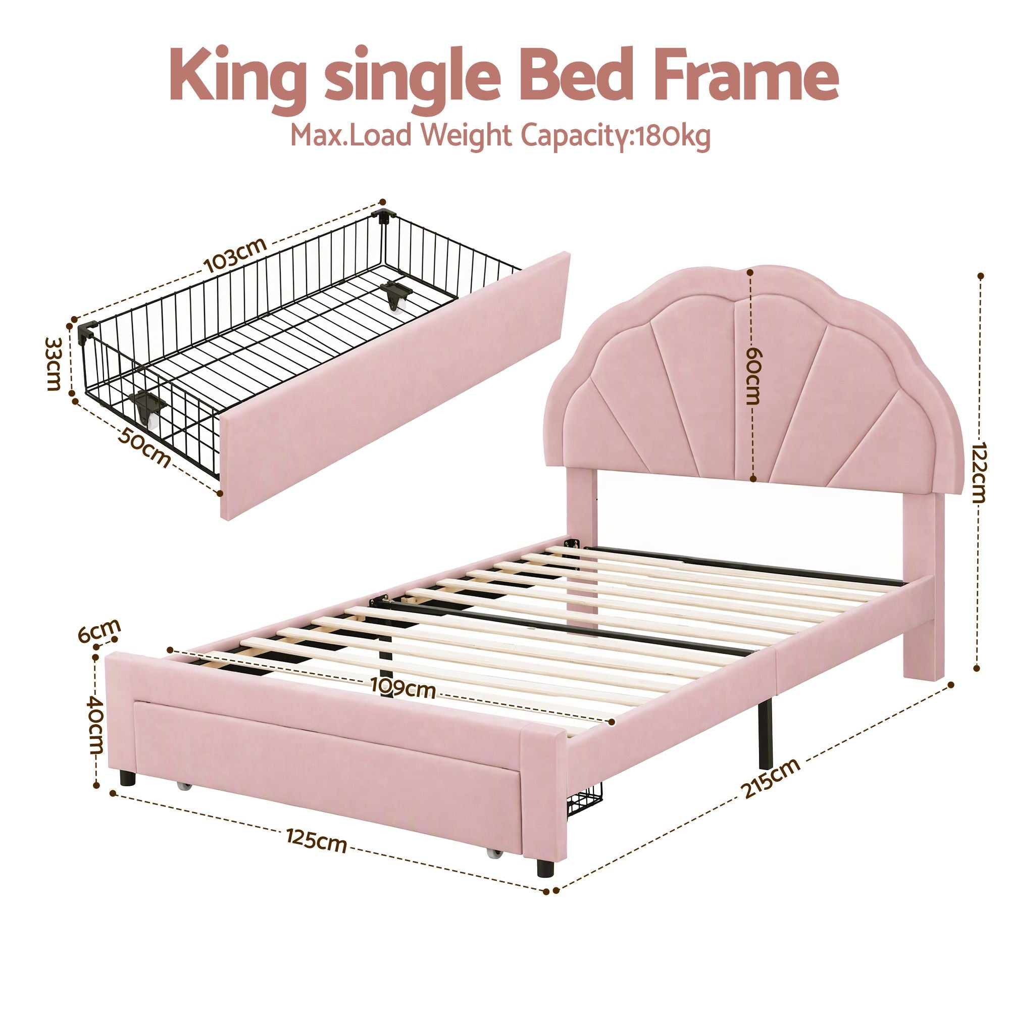 Artiss King Single Bed Frame with 1 Storage Drawers Upholstered Velvet Platform Bed LED Headboard Pink Bedworld