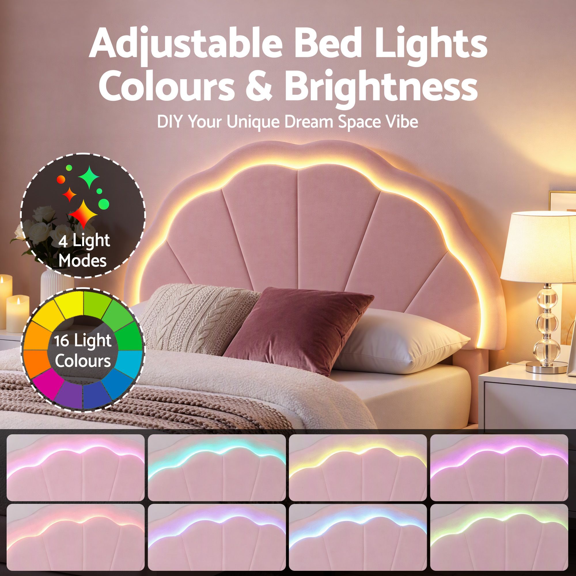Artiss King Single Bed Frame with 1 Storage Drawers Upholstered Velvet Platform Bed LED Headboard Pink Bedworld