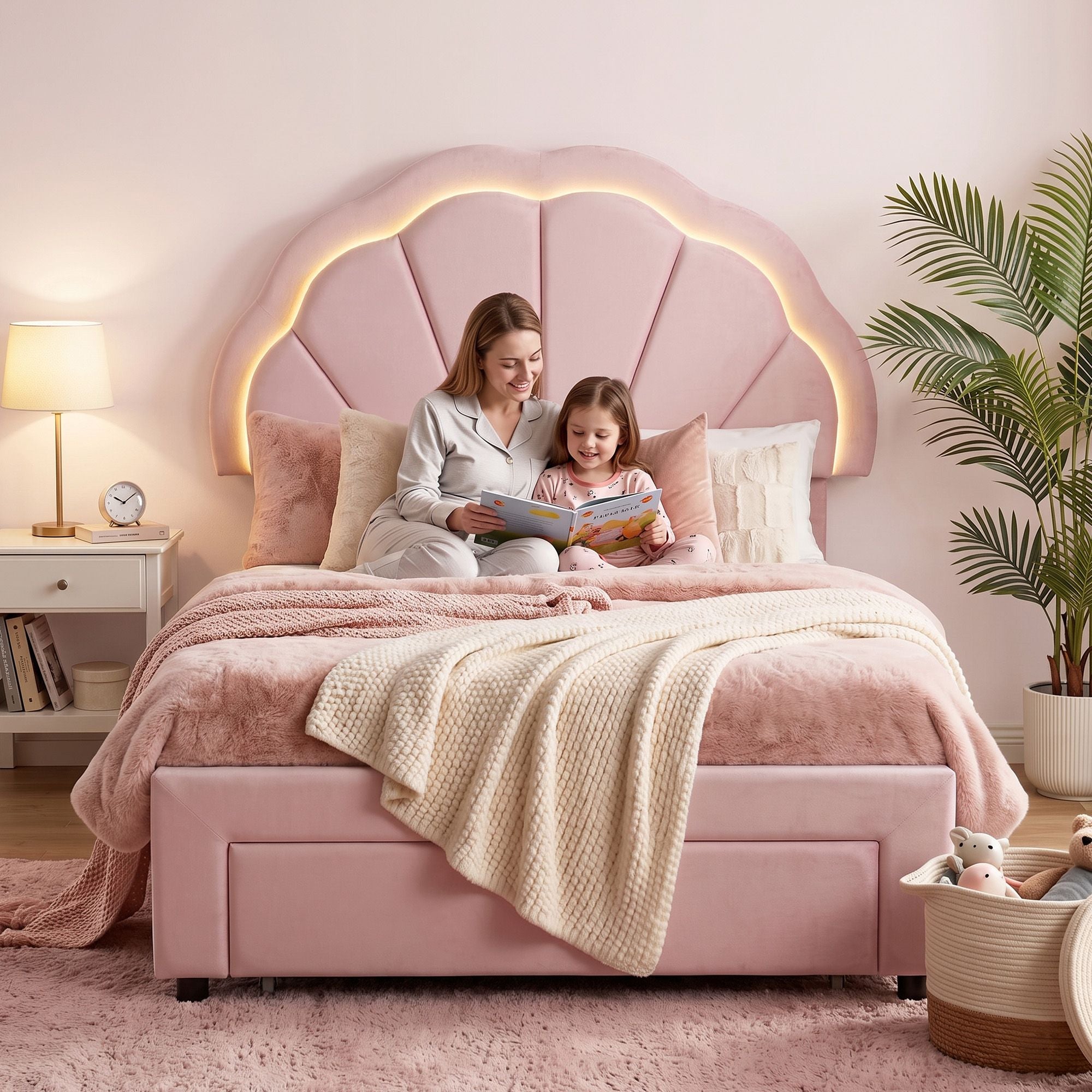 Artiss King Single Bed Frame with 1 Storage Drawers Upholstered Velvet Platform Bed LED Headboard Pink Bedworld