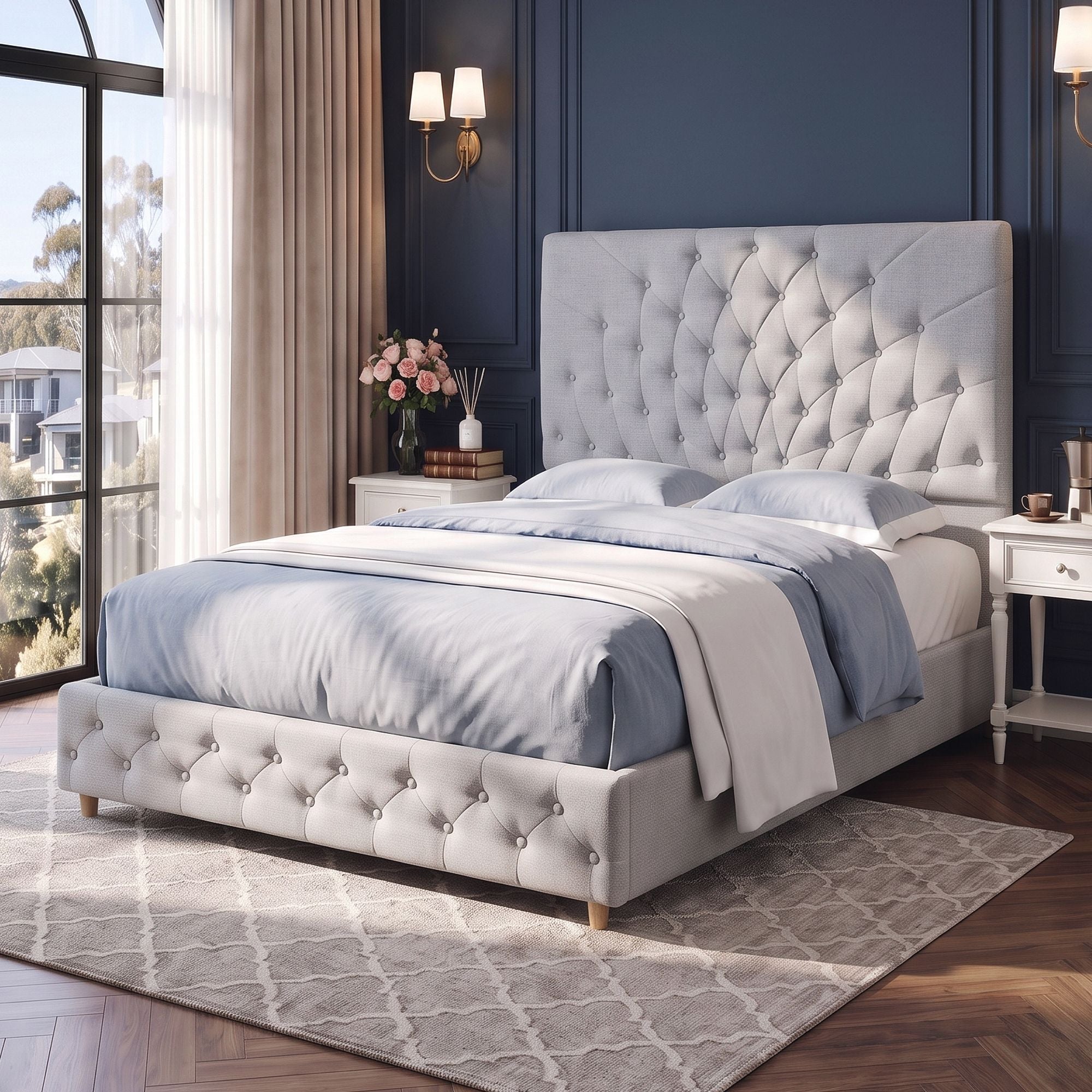 Artiss Double Bed Frame with Tufted Headboard and Plywood Slats Grey Bedworld