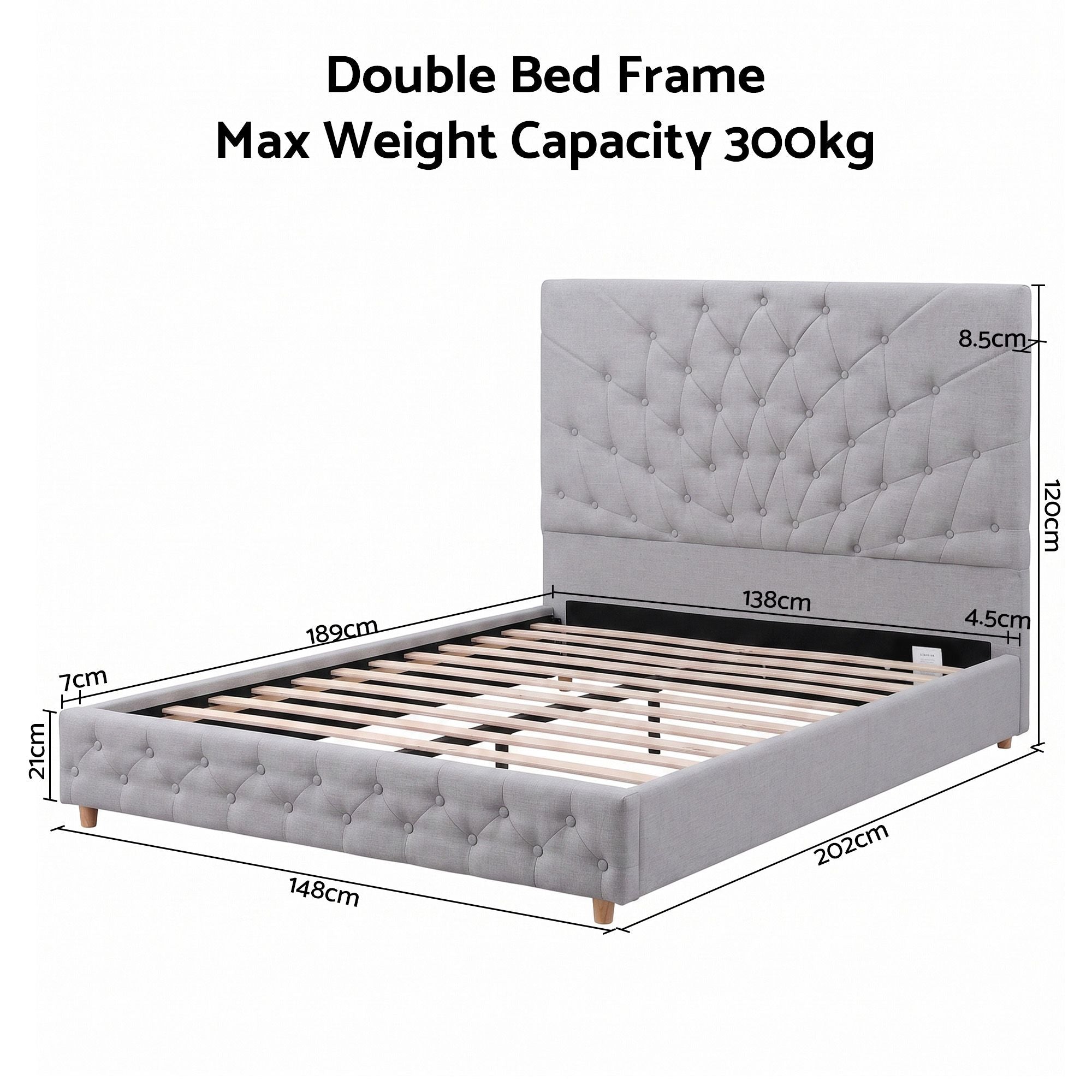 Artiss Double Bed Frame with Tufted Headboard and Plywood Slats Grey Bedworld