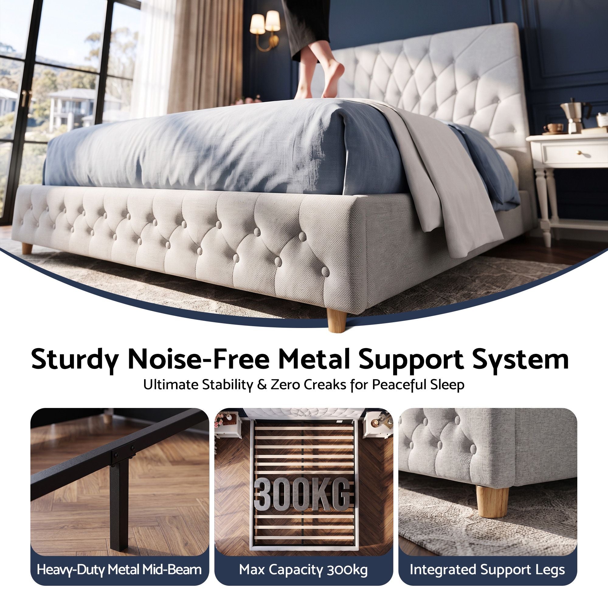 Artiss Double Bed Frame with Tufted Headboard and Plywood Slats Grey Bedworld