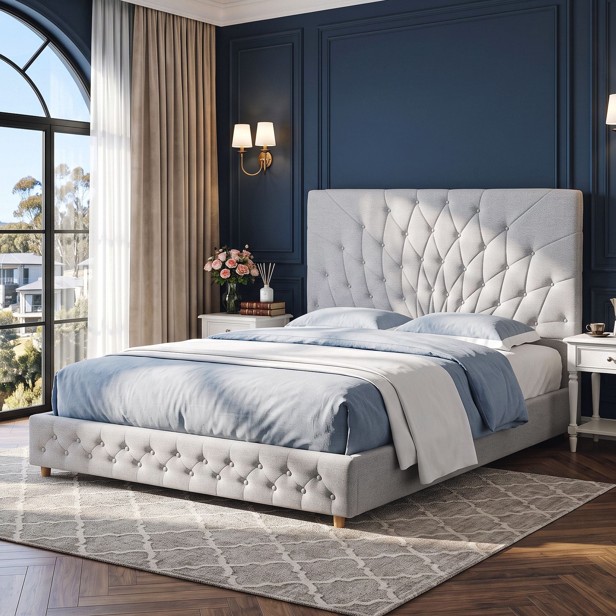 Artiss Queen Bed Frame with Tufted Headboard and Plywood Slats Grey Bedworld