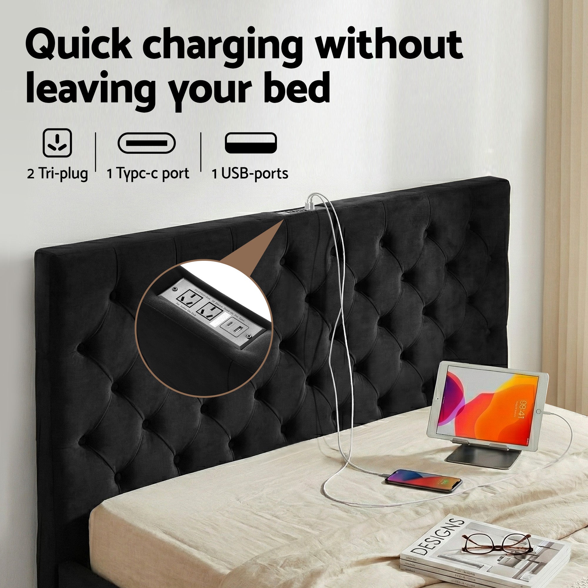 Artiss Queen Bed Frame Storage Charging Station Upholstered 3 Drawers USB Type-C Bedworld