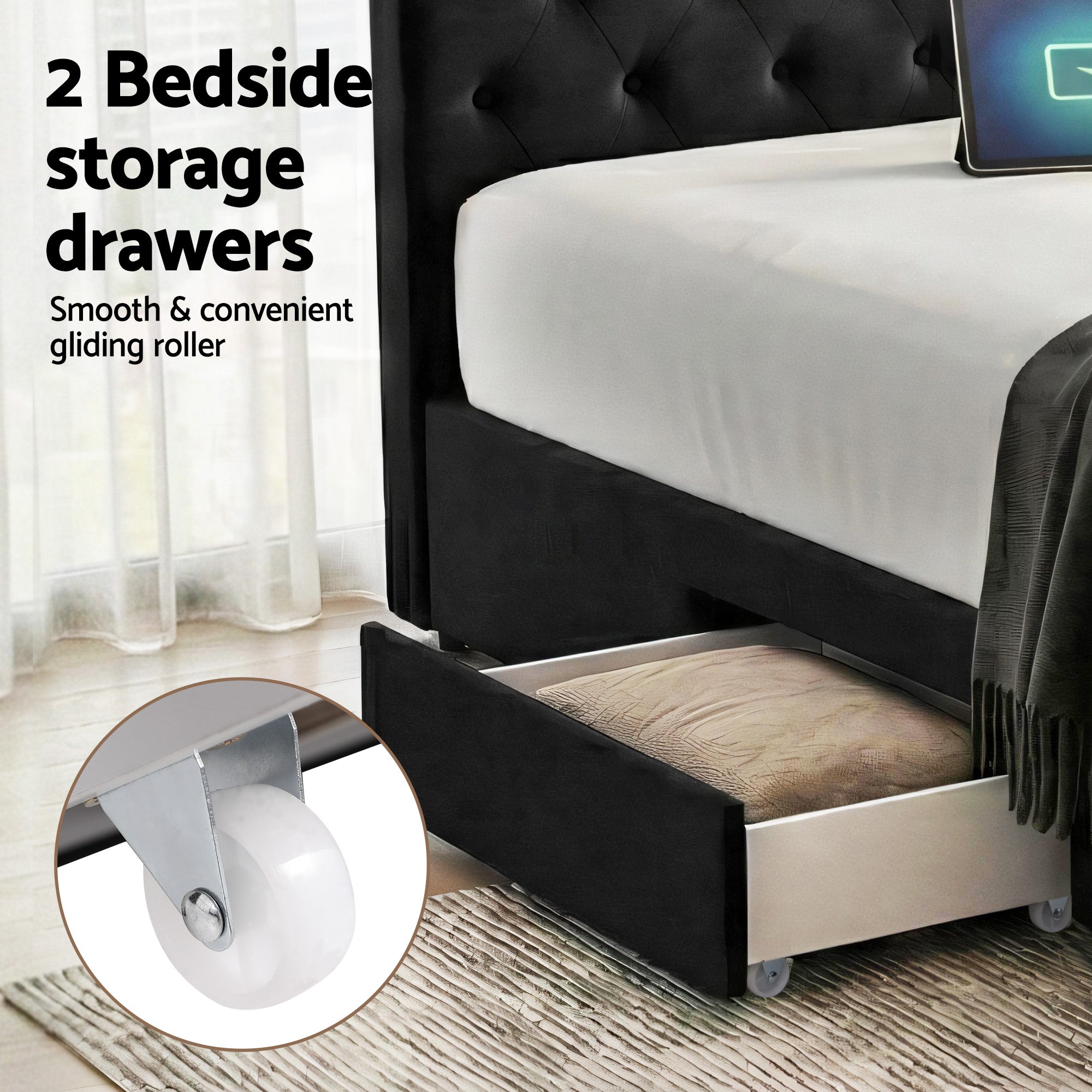 Artiss Queen Bed Frame Storage Charging Station Upholstered 3 Drawers USB Type-C Bedworld